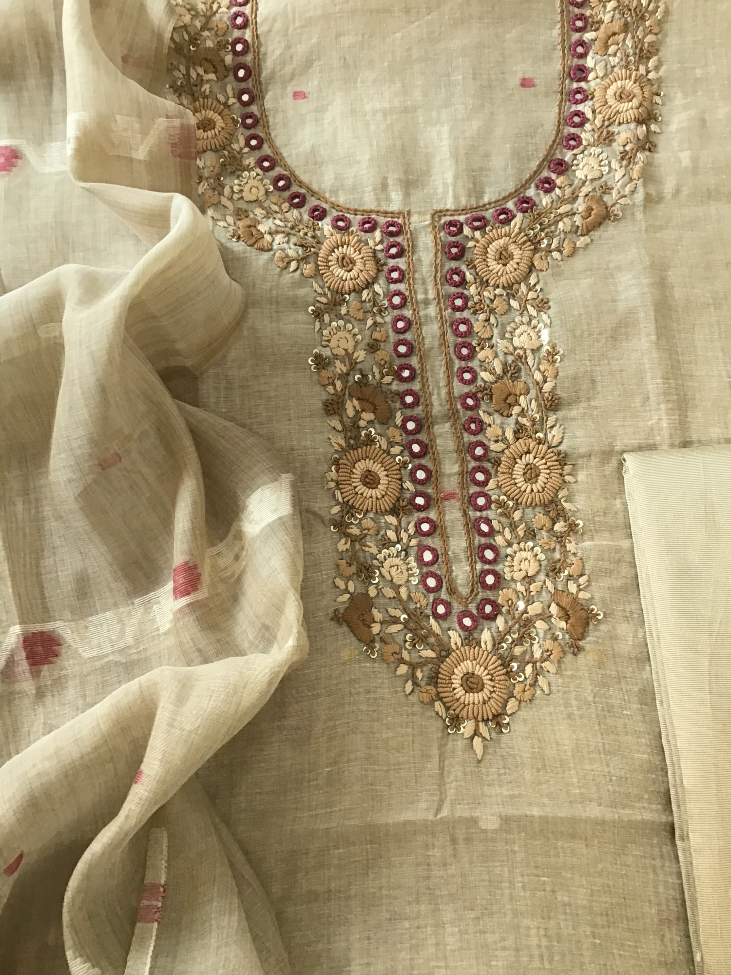 Soft Slub Chanderi Jamdani Weaved Embroidered Suit - BeigeMaroon