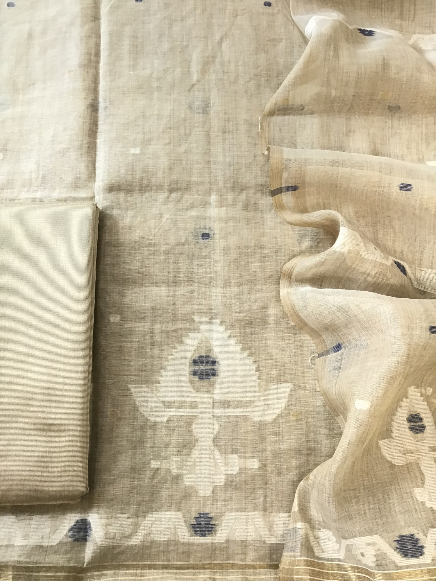 Soft Slub Chanderi Jamdani Weaved Embroidered Suit - BeigeBlue