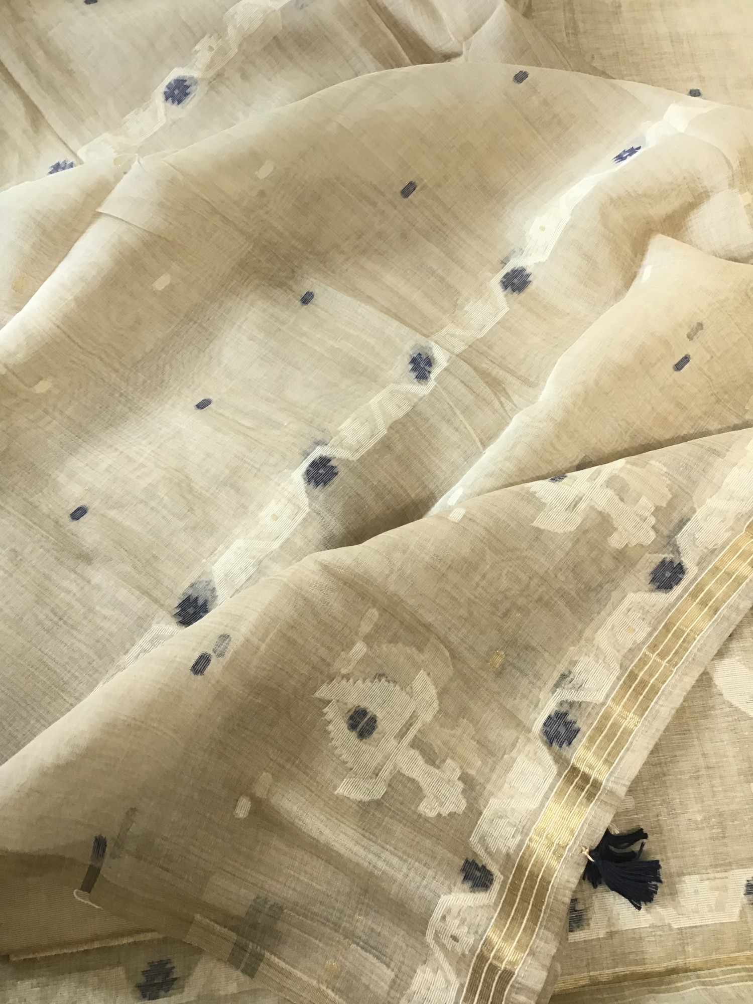 Soft Slub Chanderi Jamdani Weaved Embroidered Suit - BeigeBlue