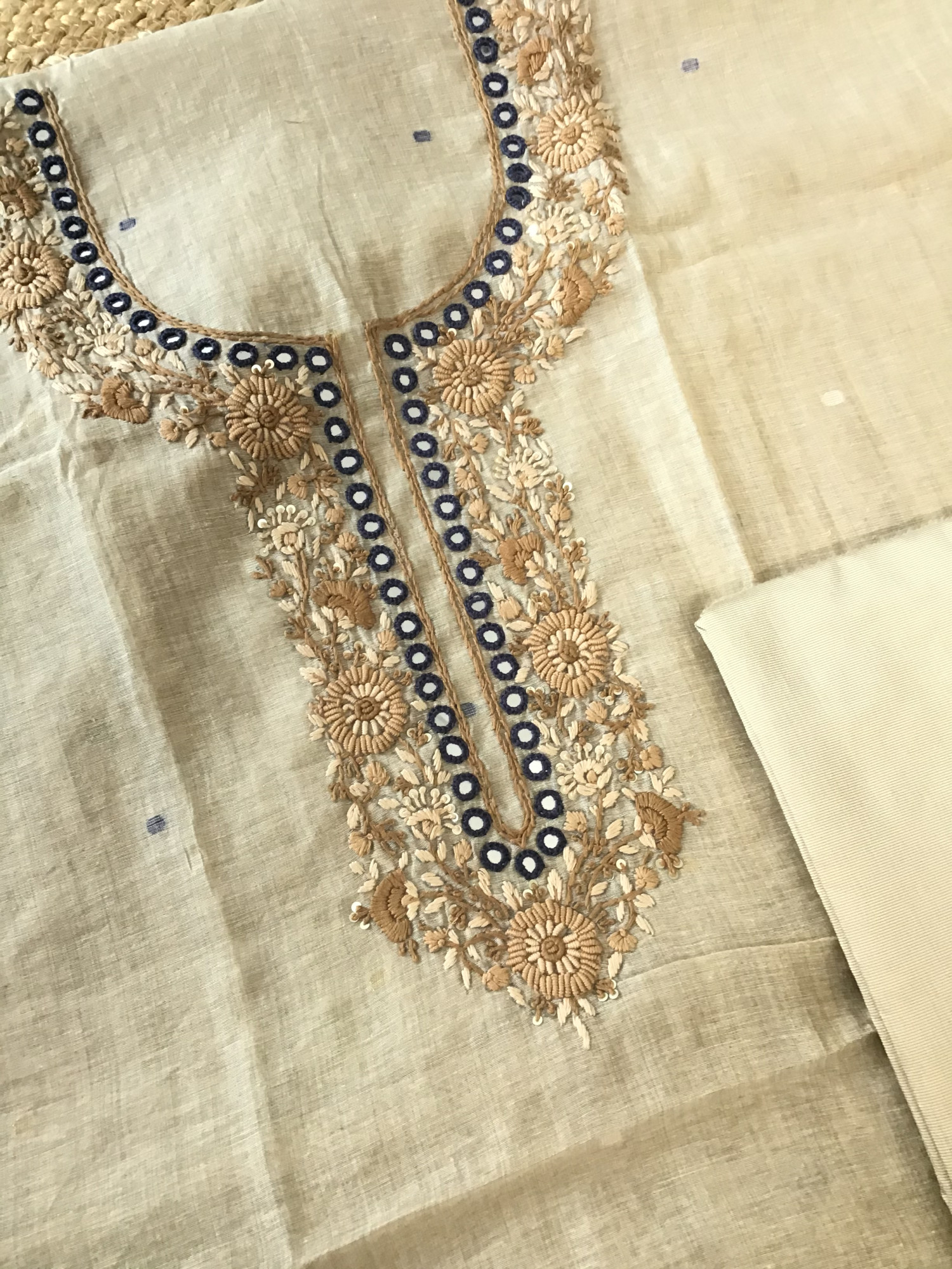 Soft Slub Chanderi Jamdani Weaved Embroidered Suit - BeigeBlue