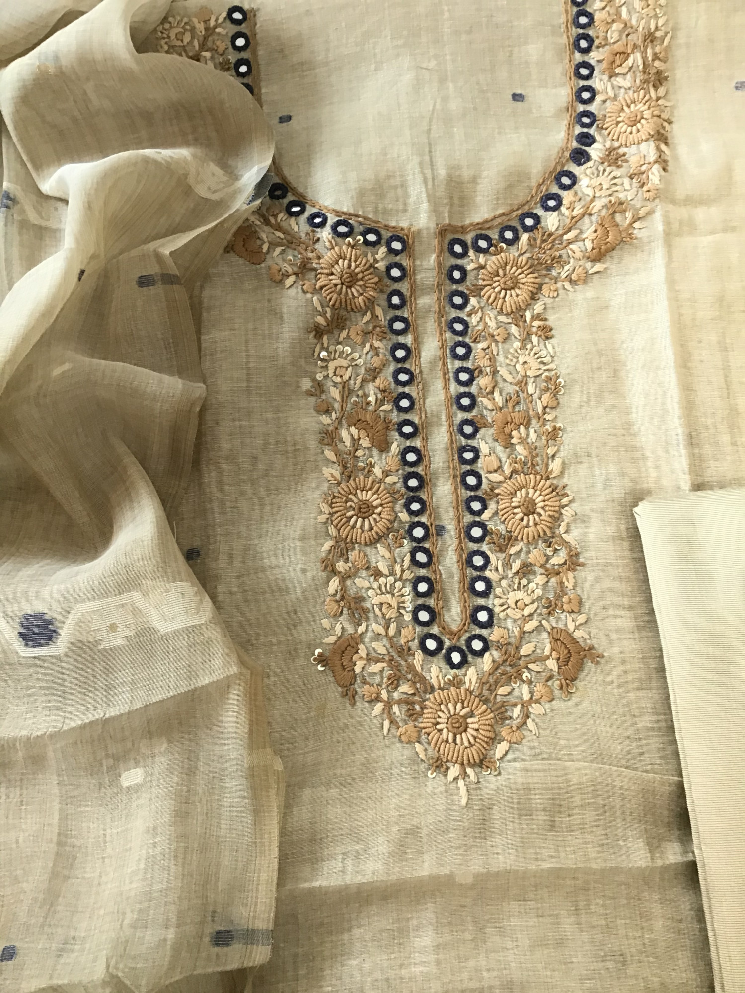 Soft Slub Chanderi Jamdani Weaved Embroidered Suit - BeigeBlue