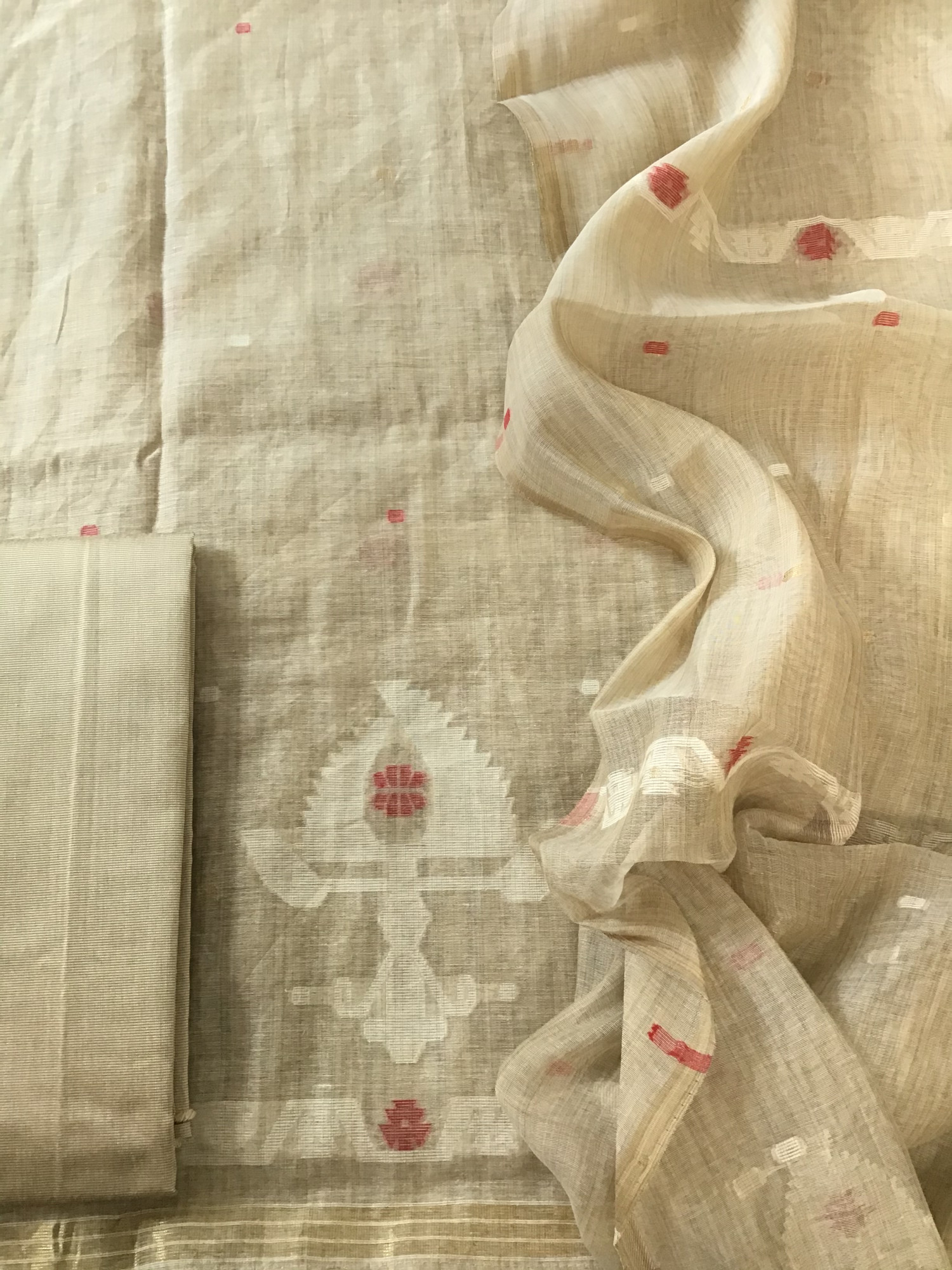 Soft Slub Chanderi Jamdani Weaved Embroidered Suit - BeigeRed