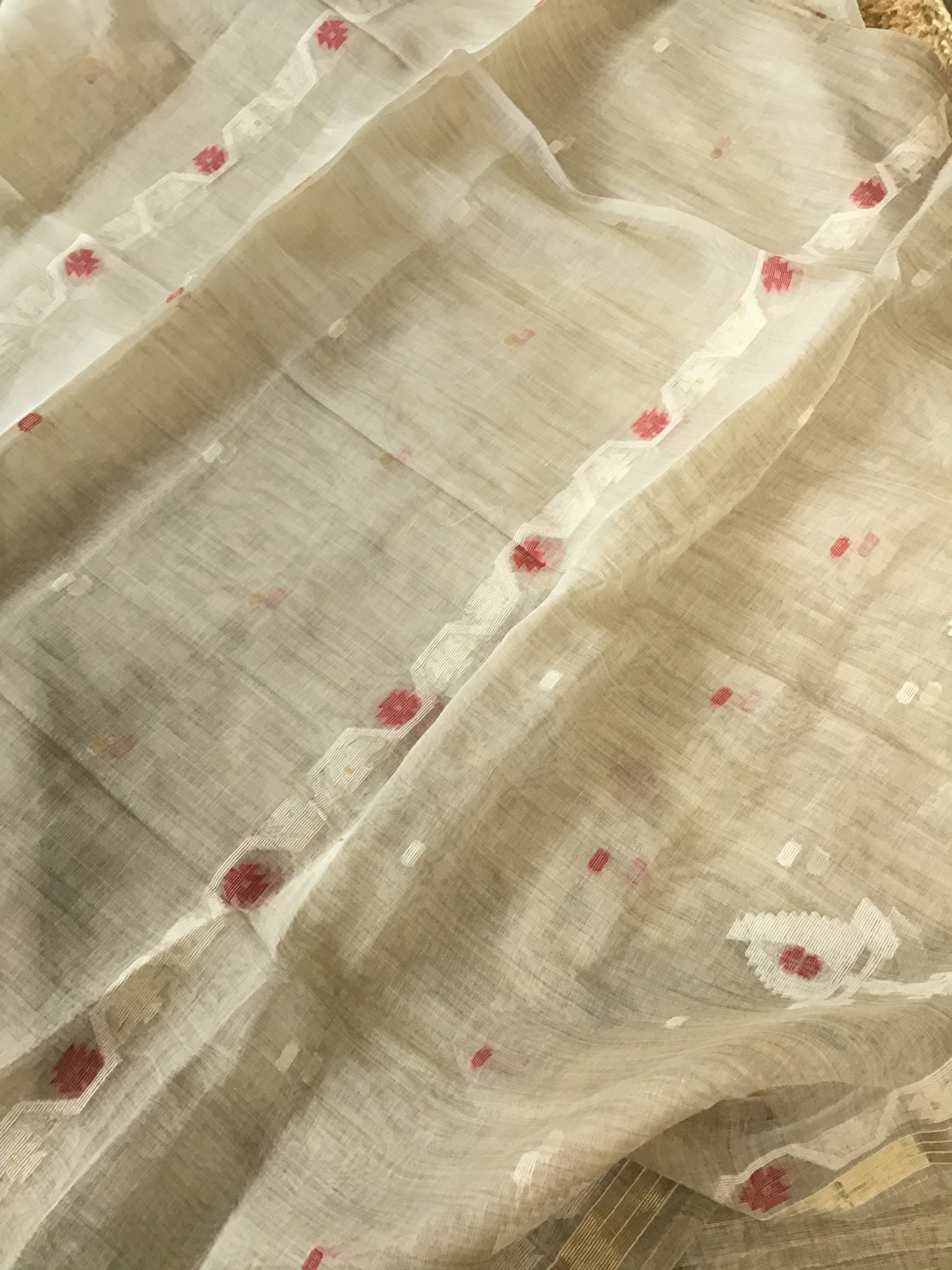 Soft Slub Chanderi Jamdani Weaved Embroidered Suit - BeigeRed