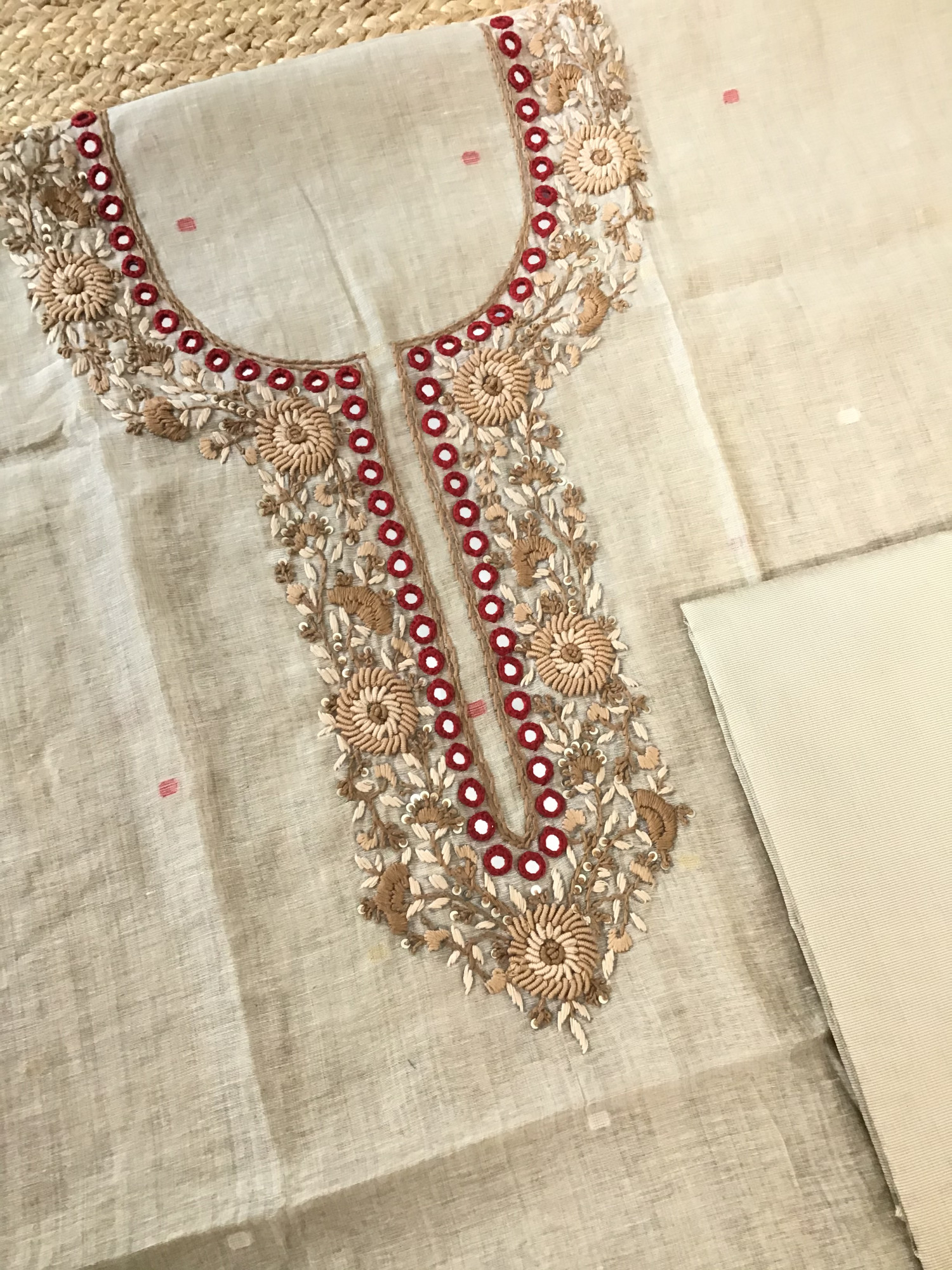 Soft Slub Chanderi Jamdani Weaved Embroidered Suit - BeigeRed