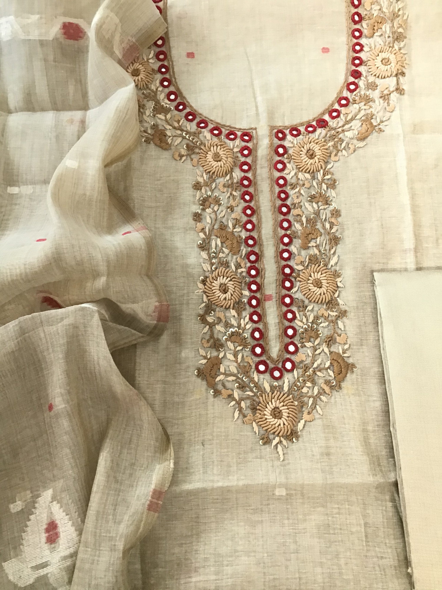 Soft Slub Chanderi Jamdani Weaved Embroidered Suit - BeigeRed