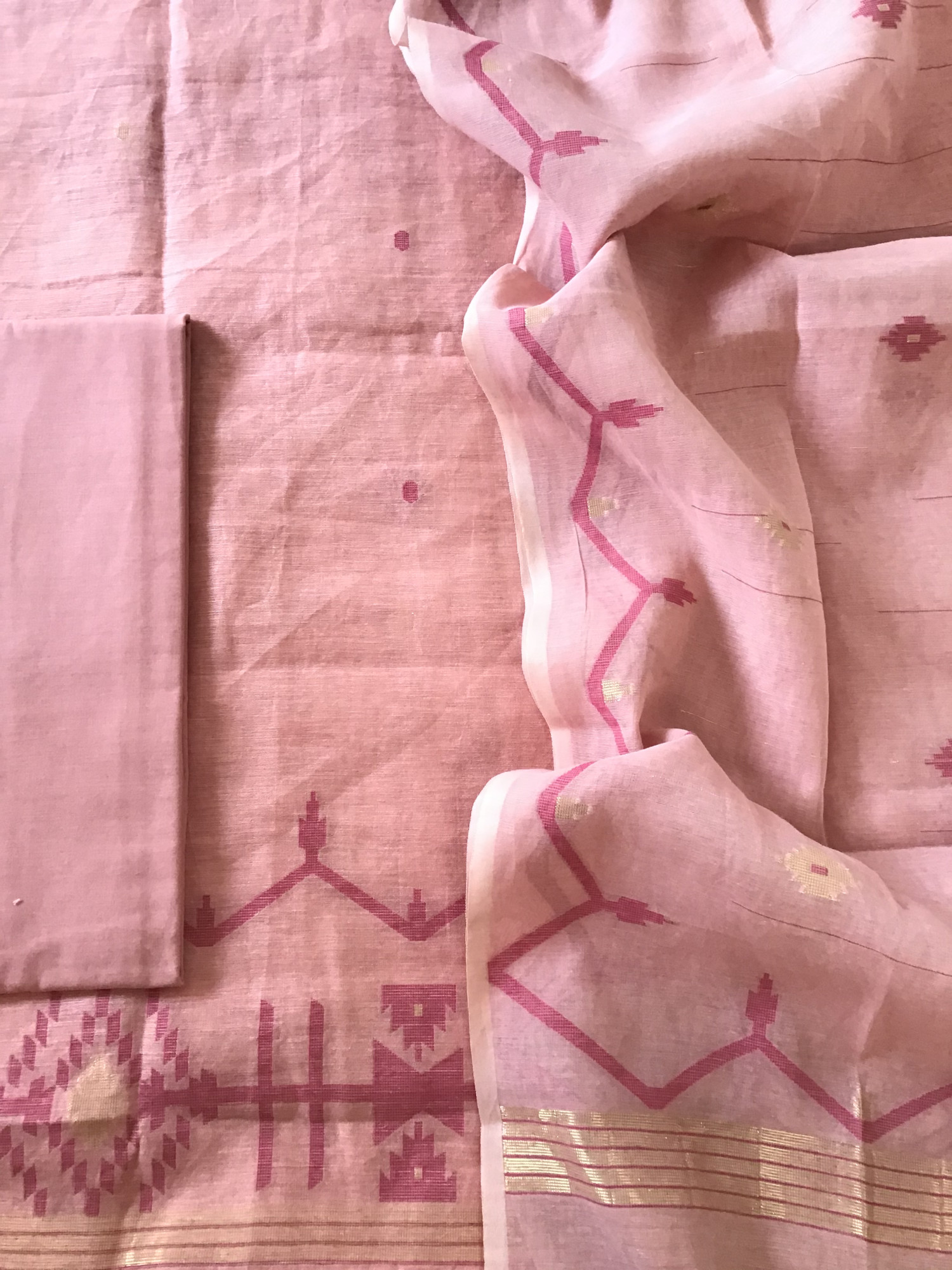Soft Slub Chanderi Jamdani Weaved Embroidered Suit - Pink