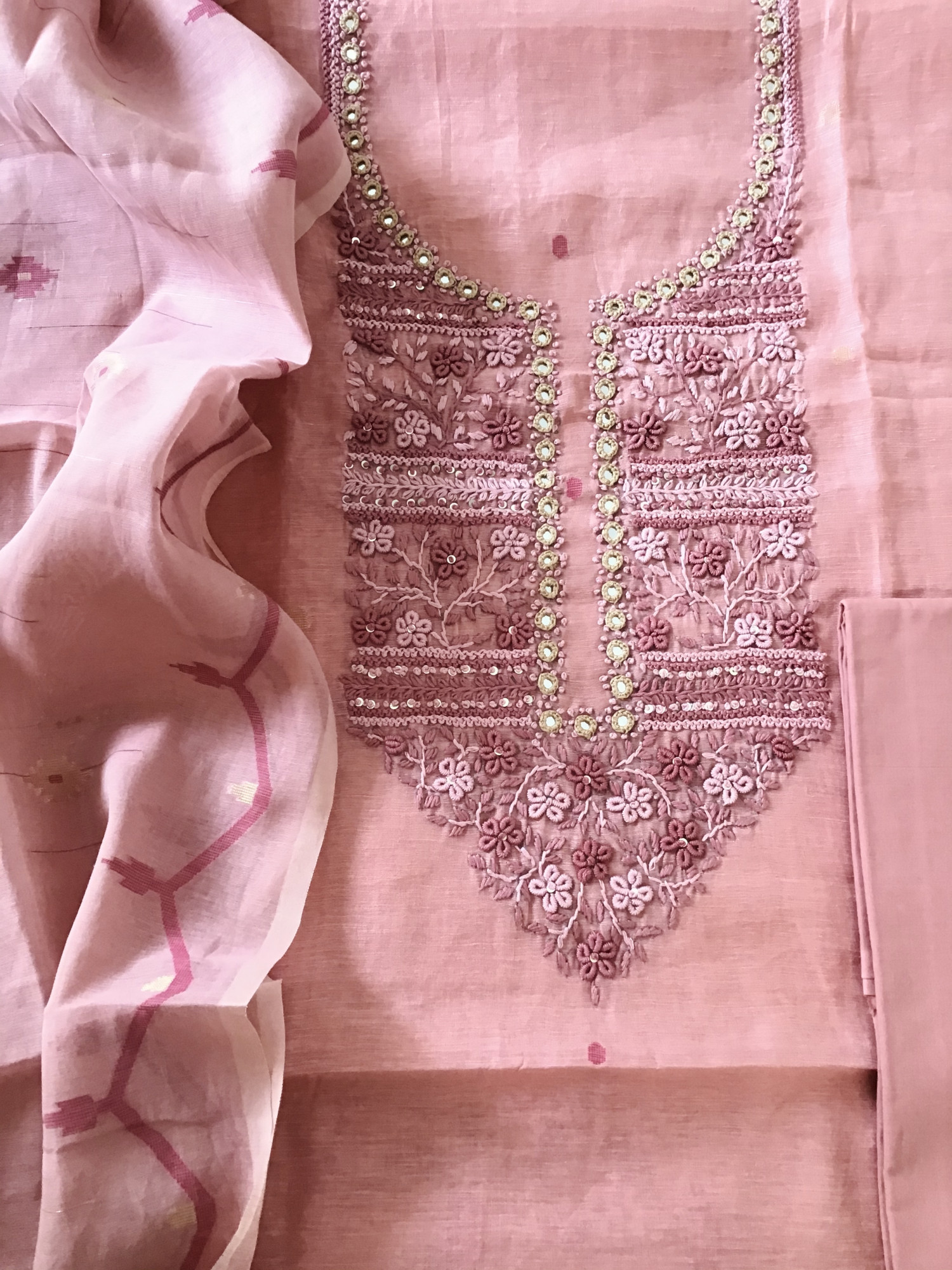Soft Slub Chanderi Jamdani Weaved Embroidered Suit - Pink