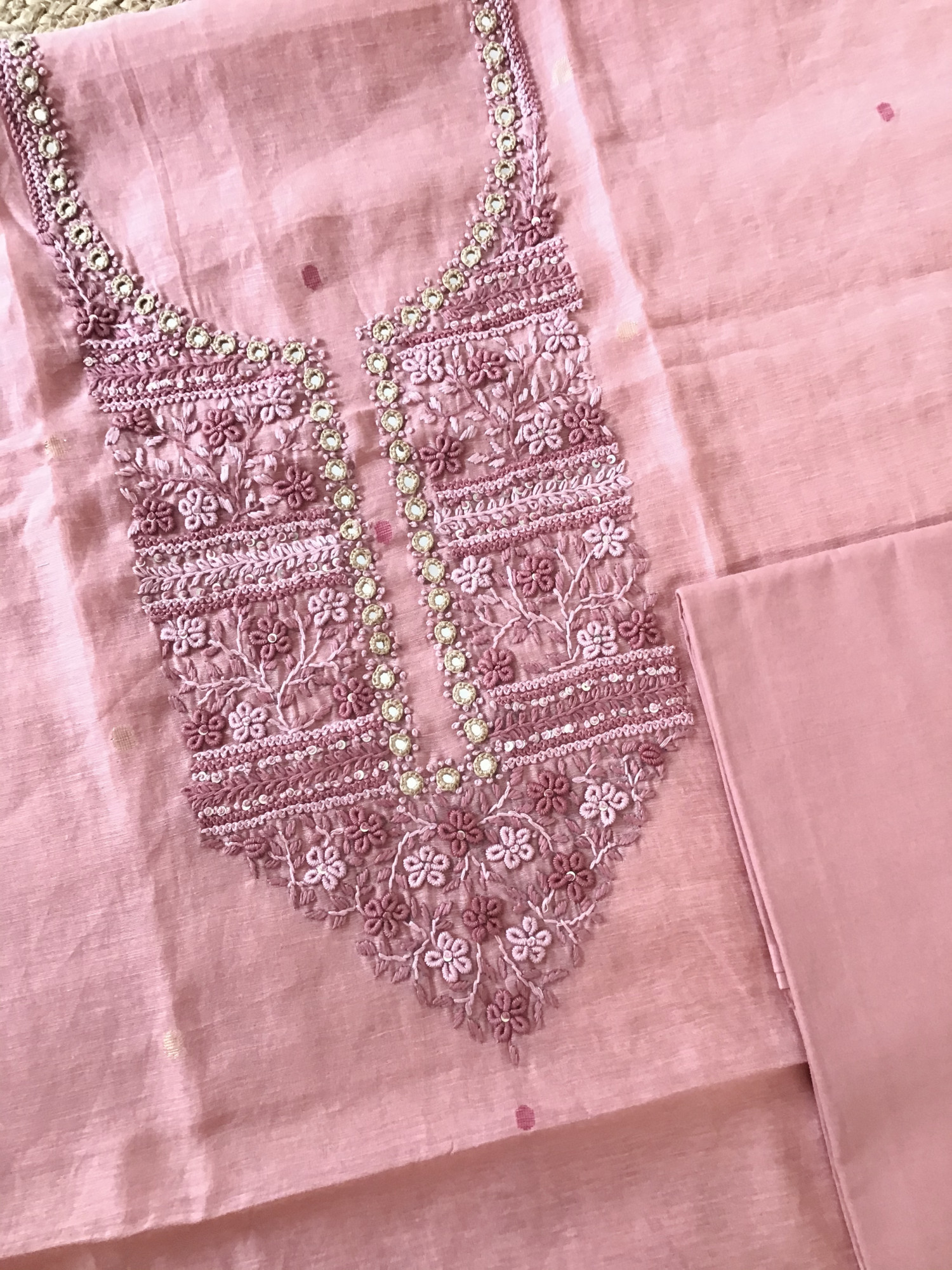 Soft Slub Chanderi Jamdani Weaved Embroidered Suit - Pink