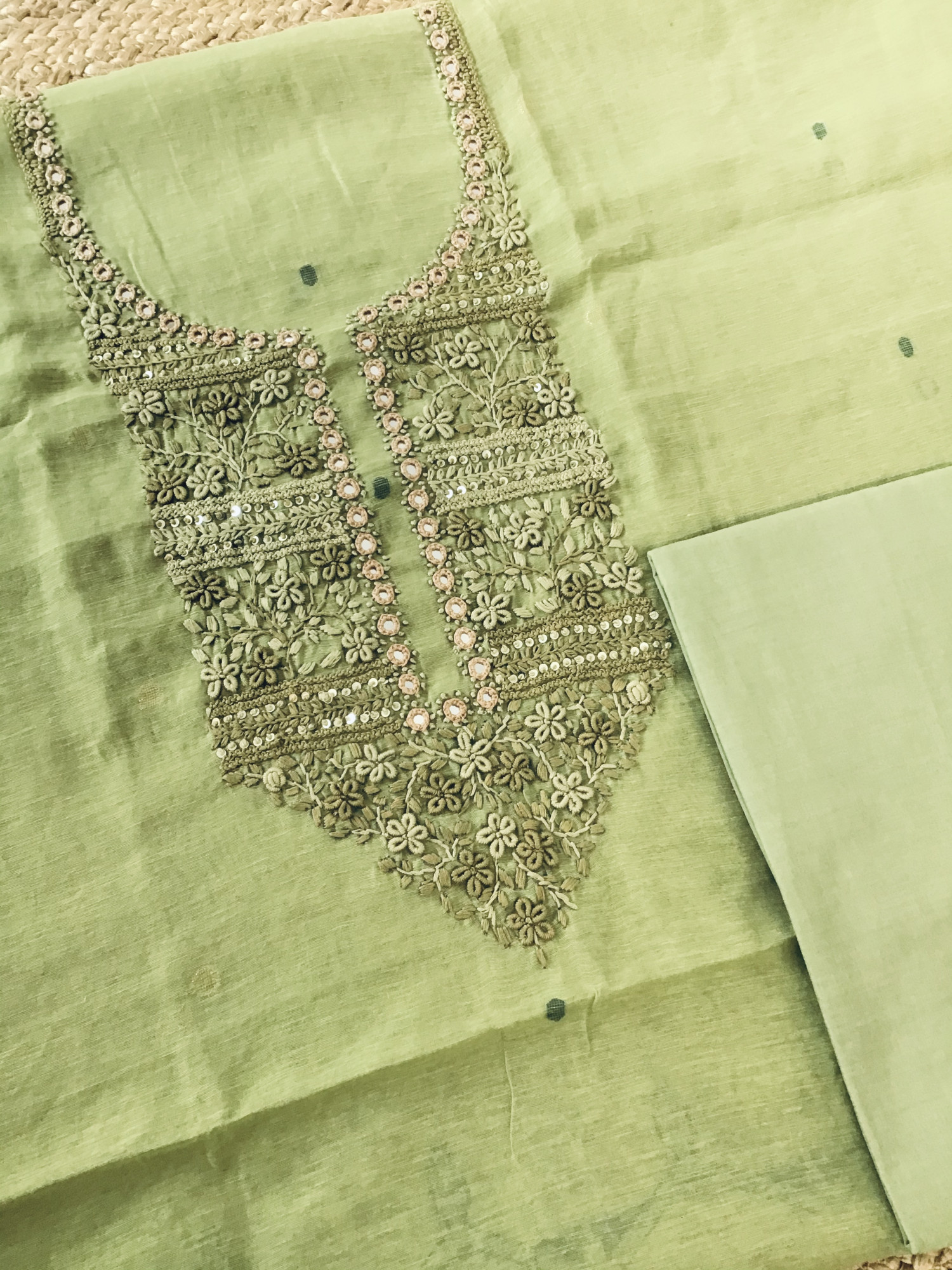 Soft Slub Chanderi Jamdani Weaved Embroidered Suit - Green