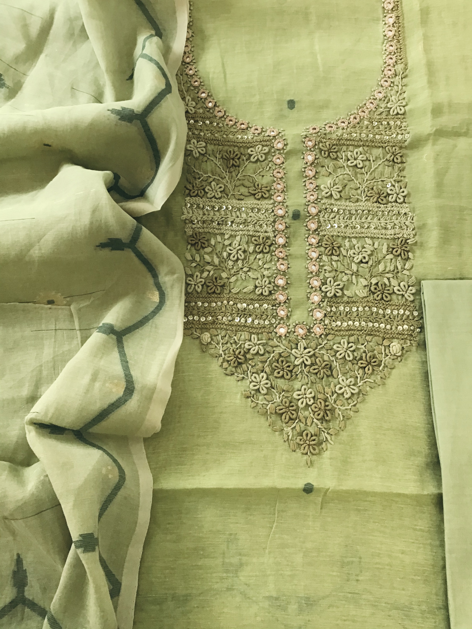 Soft Slub Chanderi Jamdani Weaved Embroidered Suit - Green