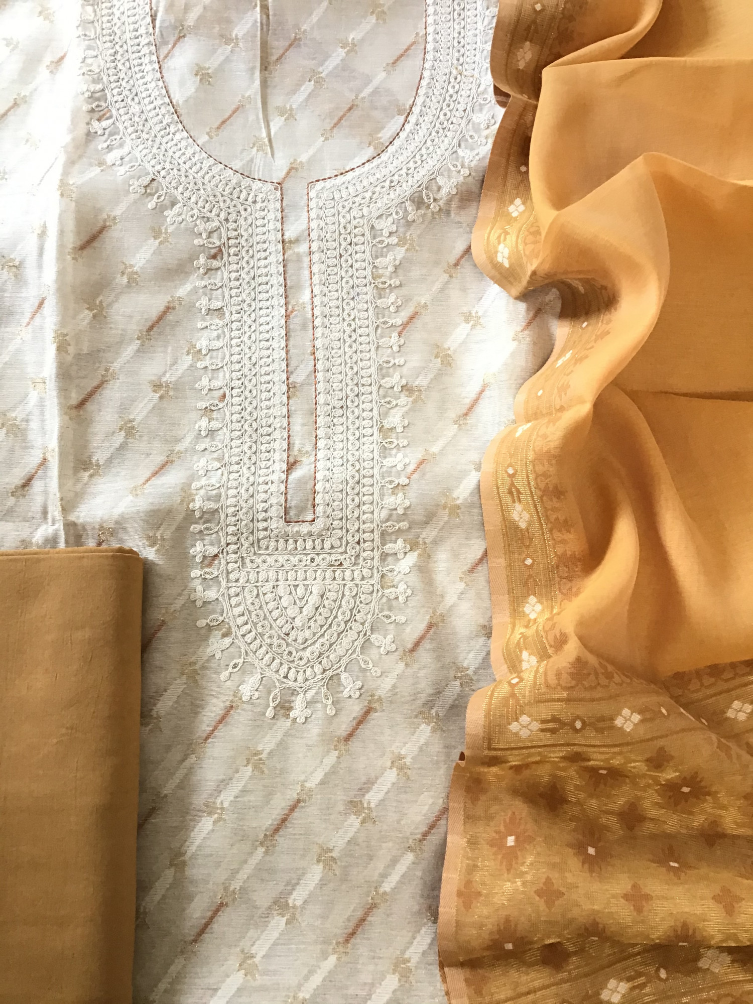 Soft Slub Chanderi Jamdani Weaved Embroidered Suit - BeigeYellow