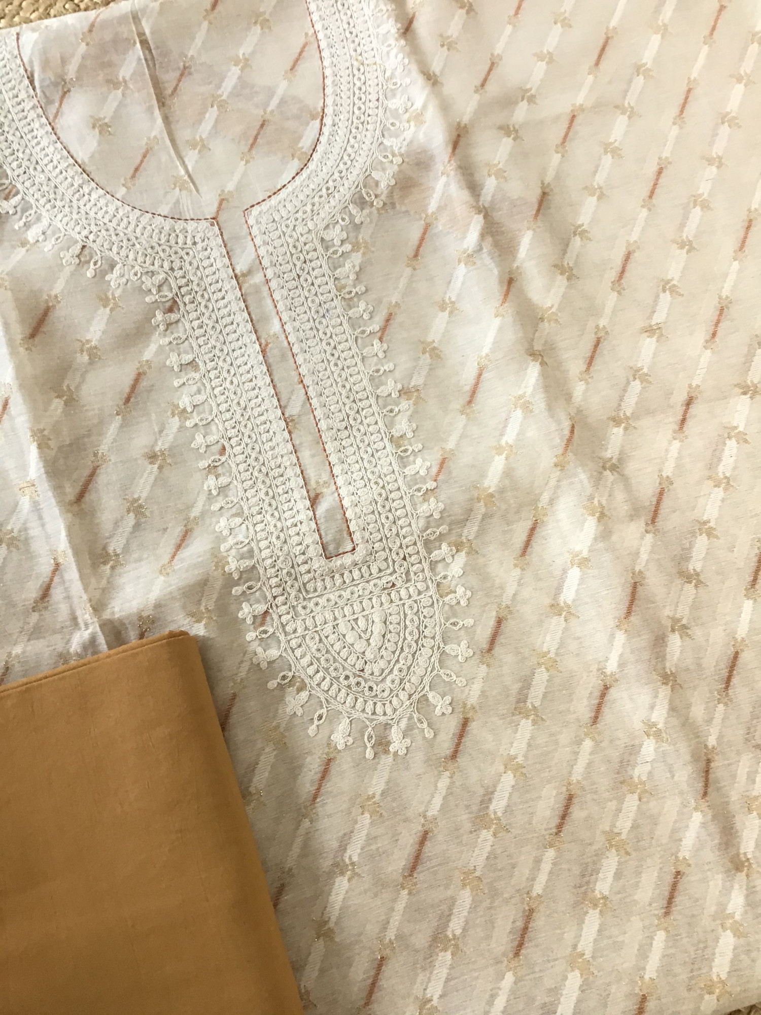 Soft Slub Chanderi Jamdani Weaved Embroidered Suit - BeigeYellow