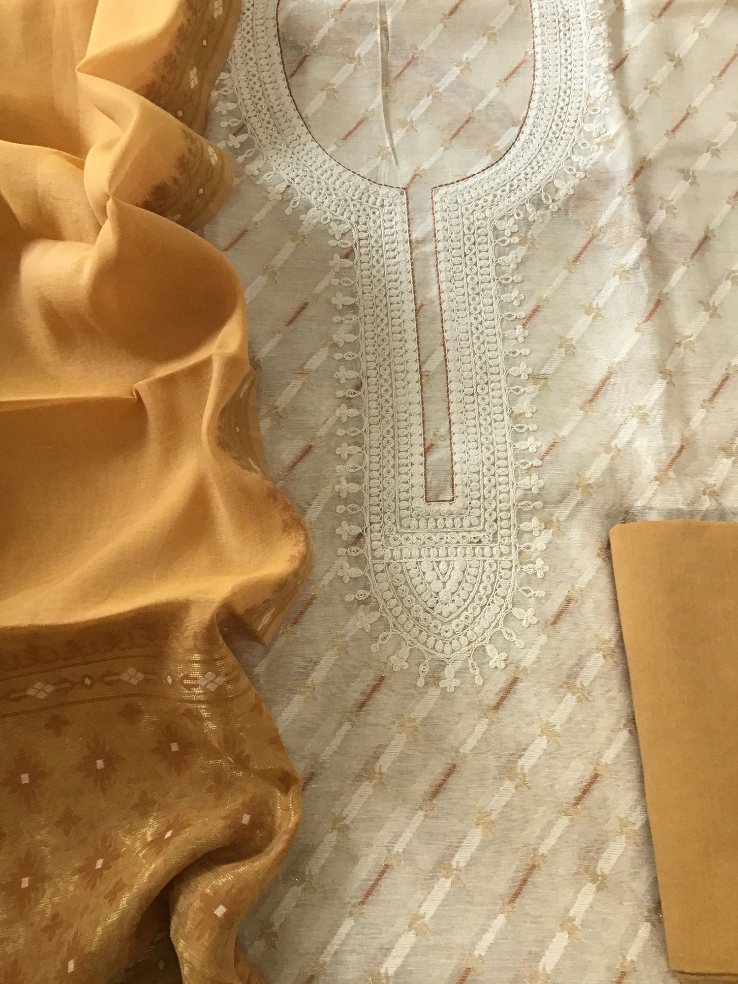 Soft Slub Chanderi Jamdani Weaved Embroidered Suit - BeigeYellow