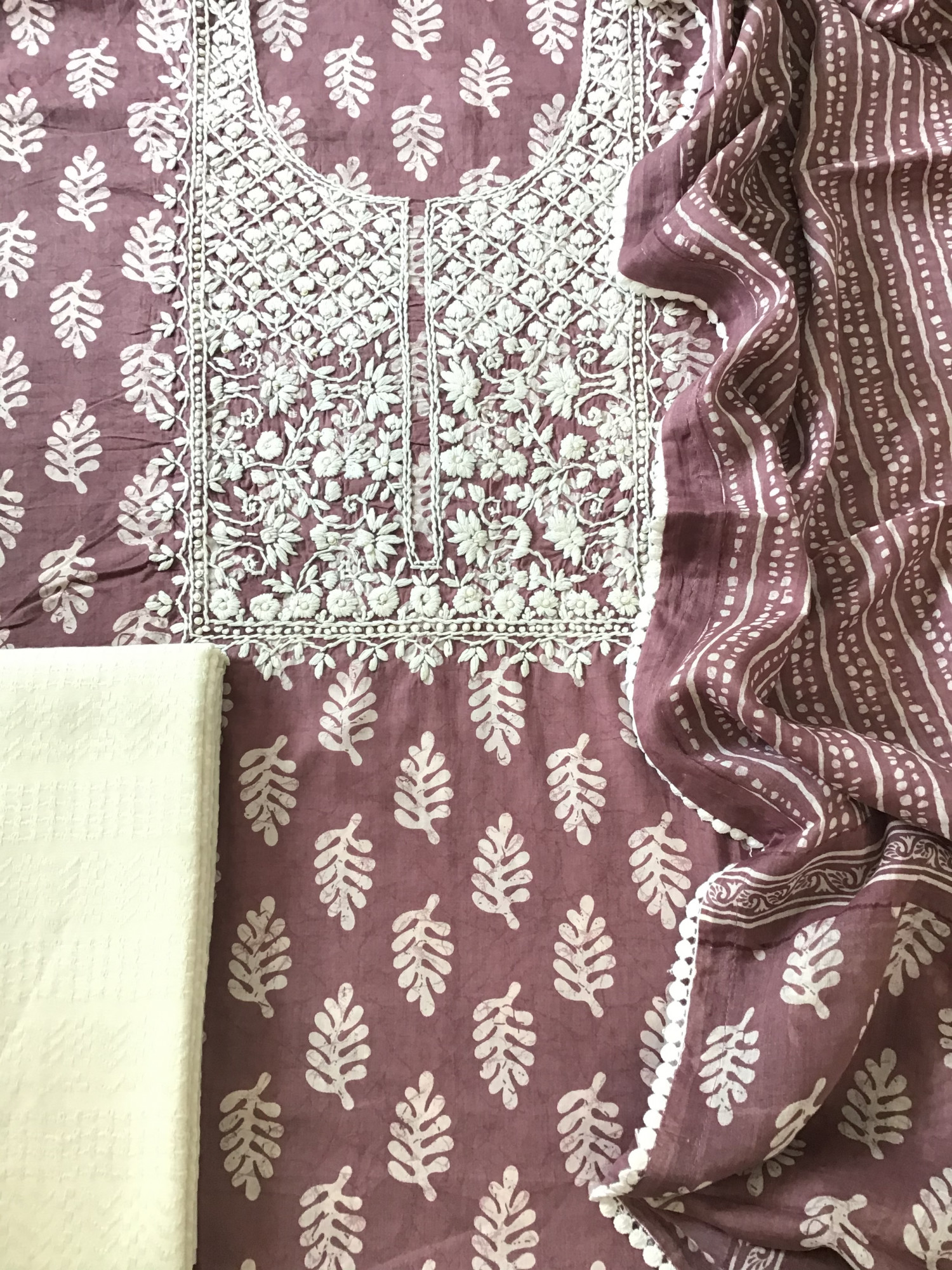 Pure Mul Cotton Batik Printed Embroidered Suit - Pink