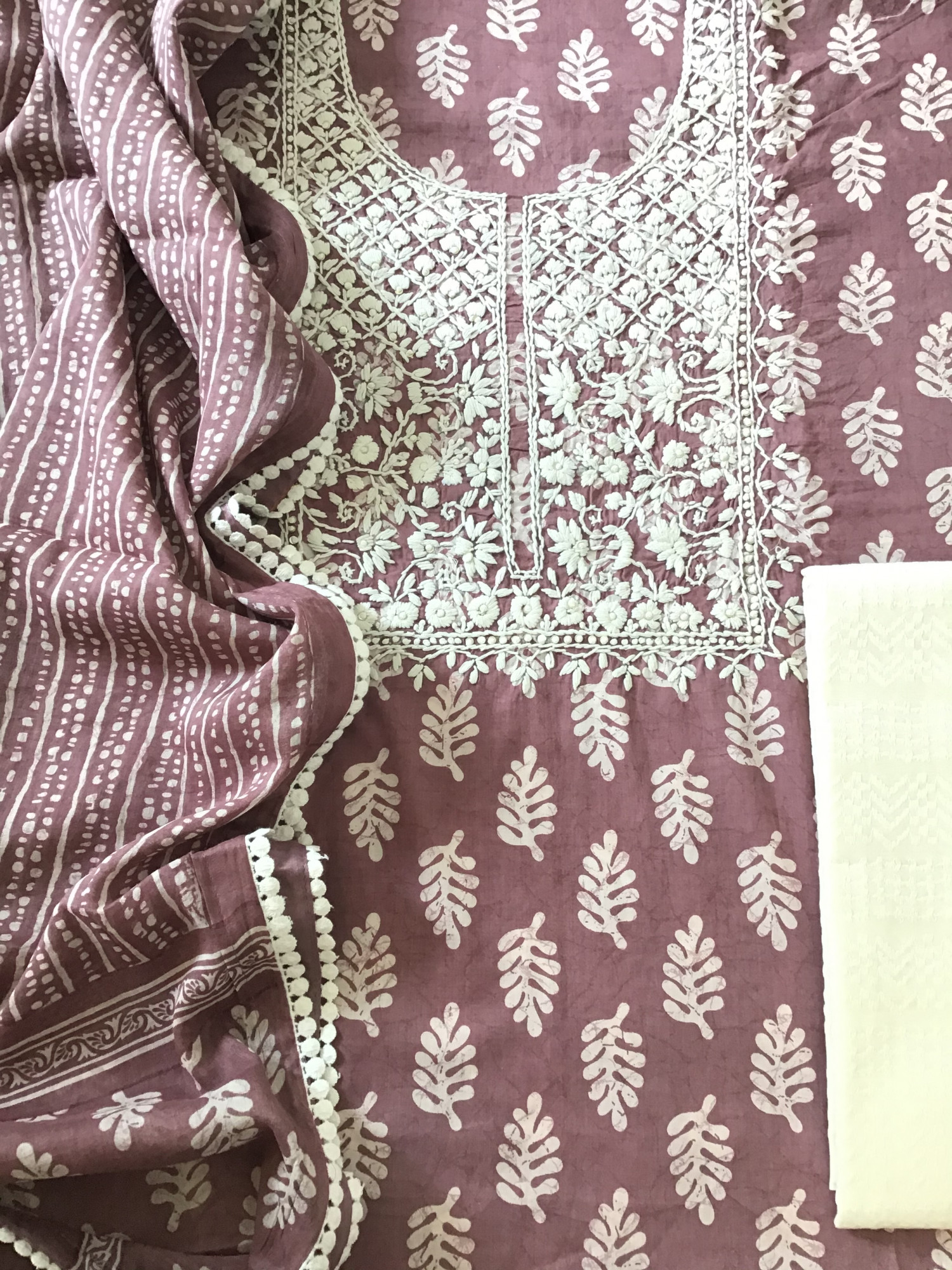 Pure Mul Cotton Batik Printed Embroidered Suit - Pink