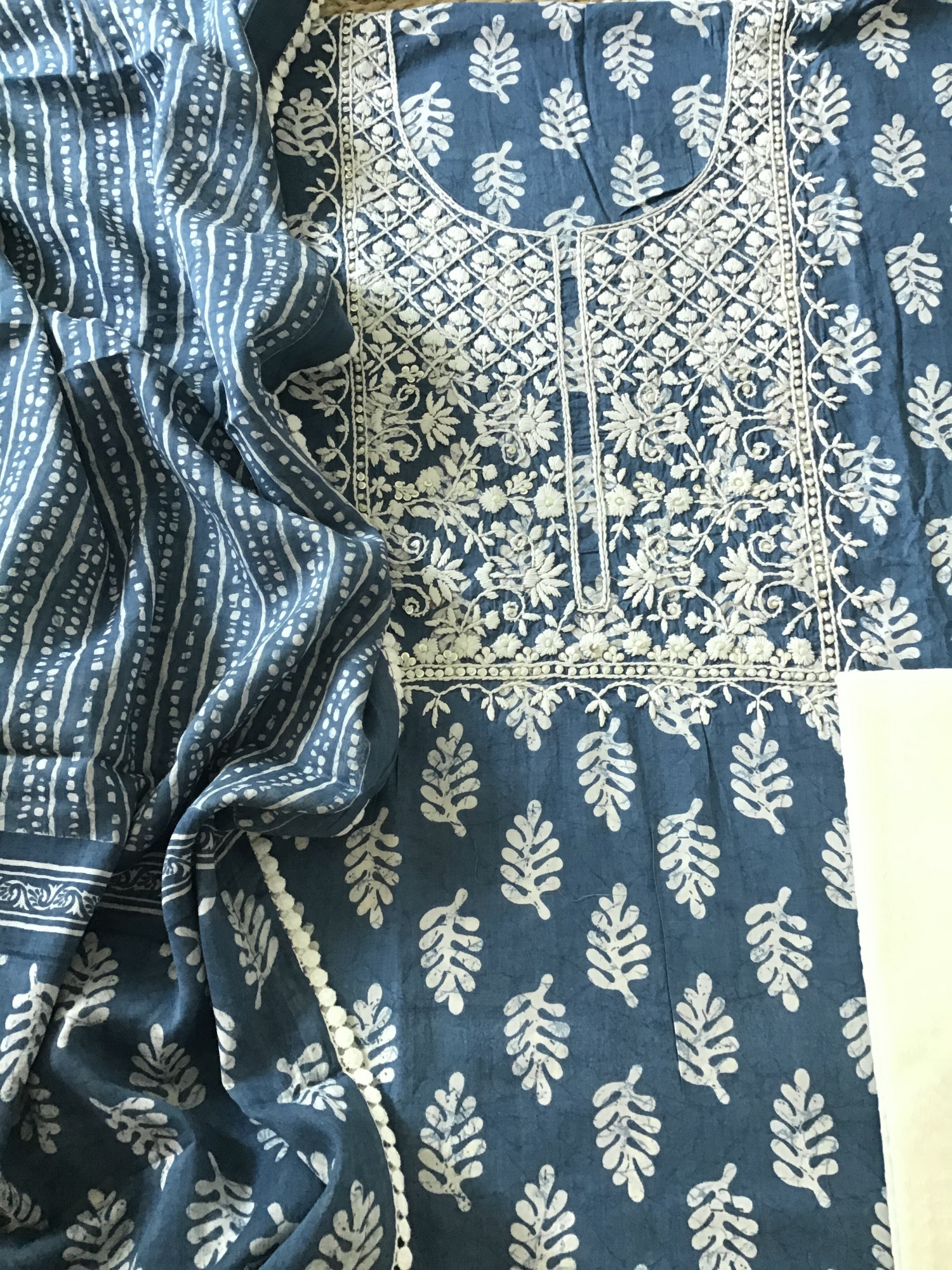 Pure Mul Cotton Batik Printed Embroidered Suit - Blue