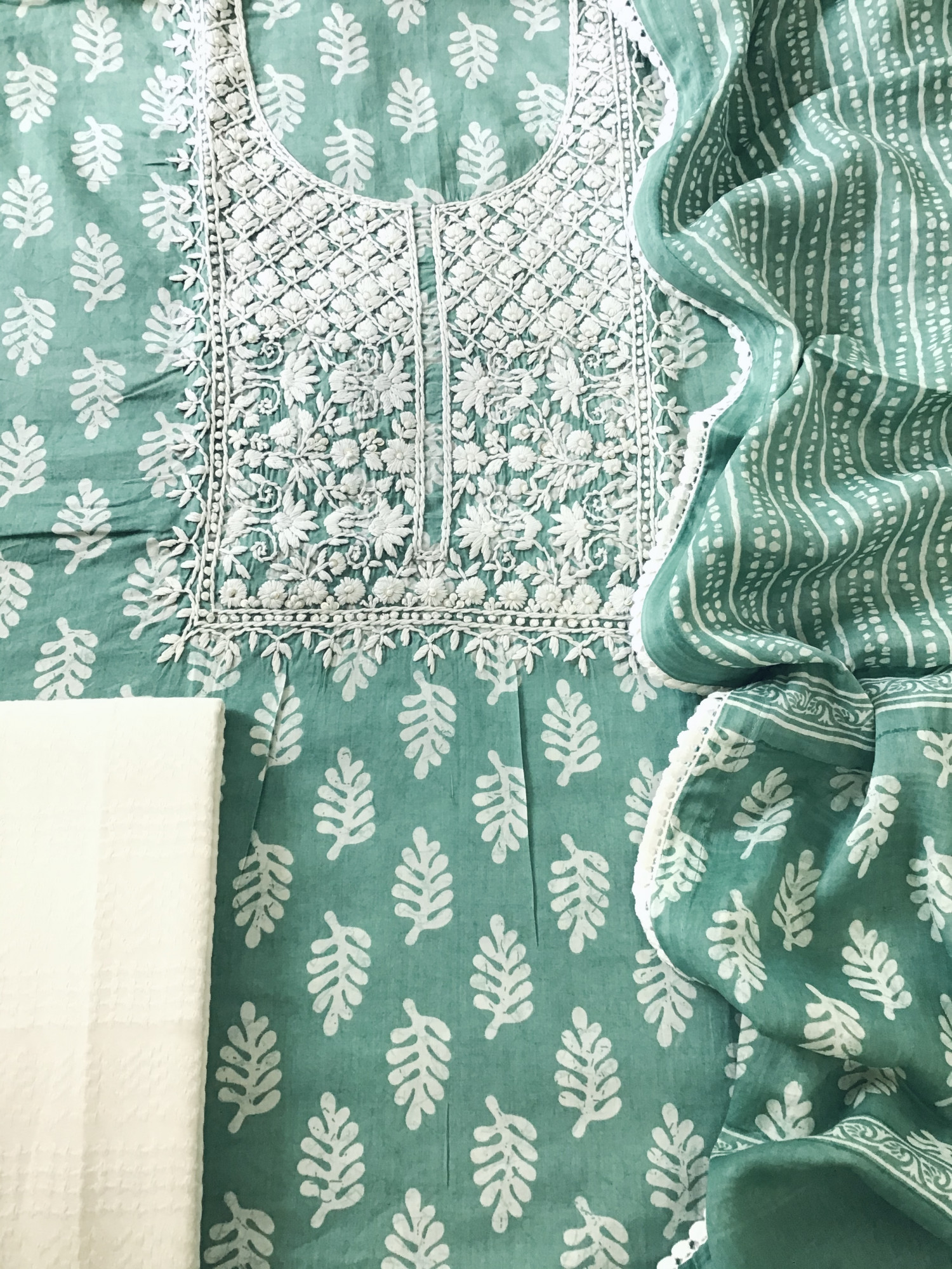Pure Mul Cotton Batik Printed Embroidered Suit - Green