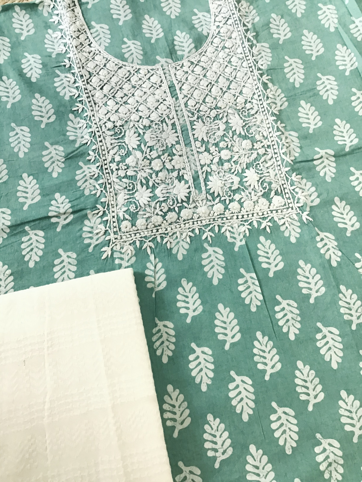 Pure Mul Cotton Batik Printed Embroidered Suit - Green