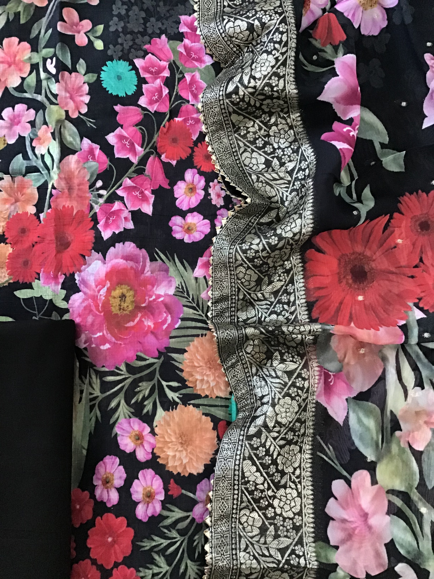 Pure Fine Linen Chanderi Printed Suit - Black