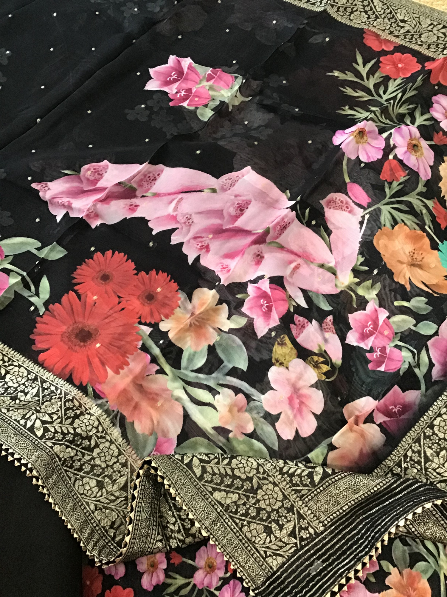 Pure Fine Linen Chanderi Printed Suit - Black