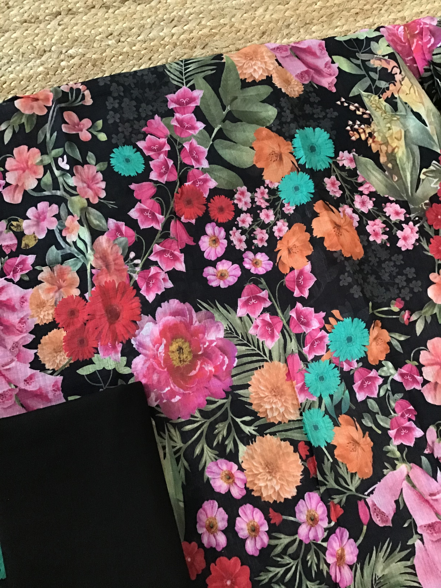 Pure Fine Linen Chanderi Printed Suit - Black