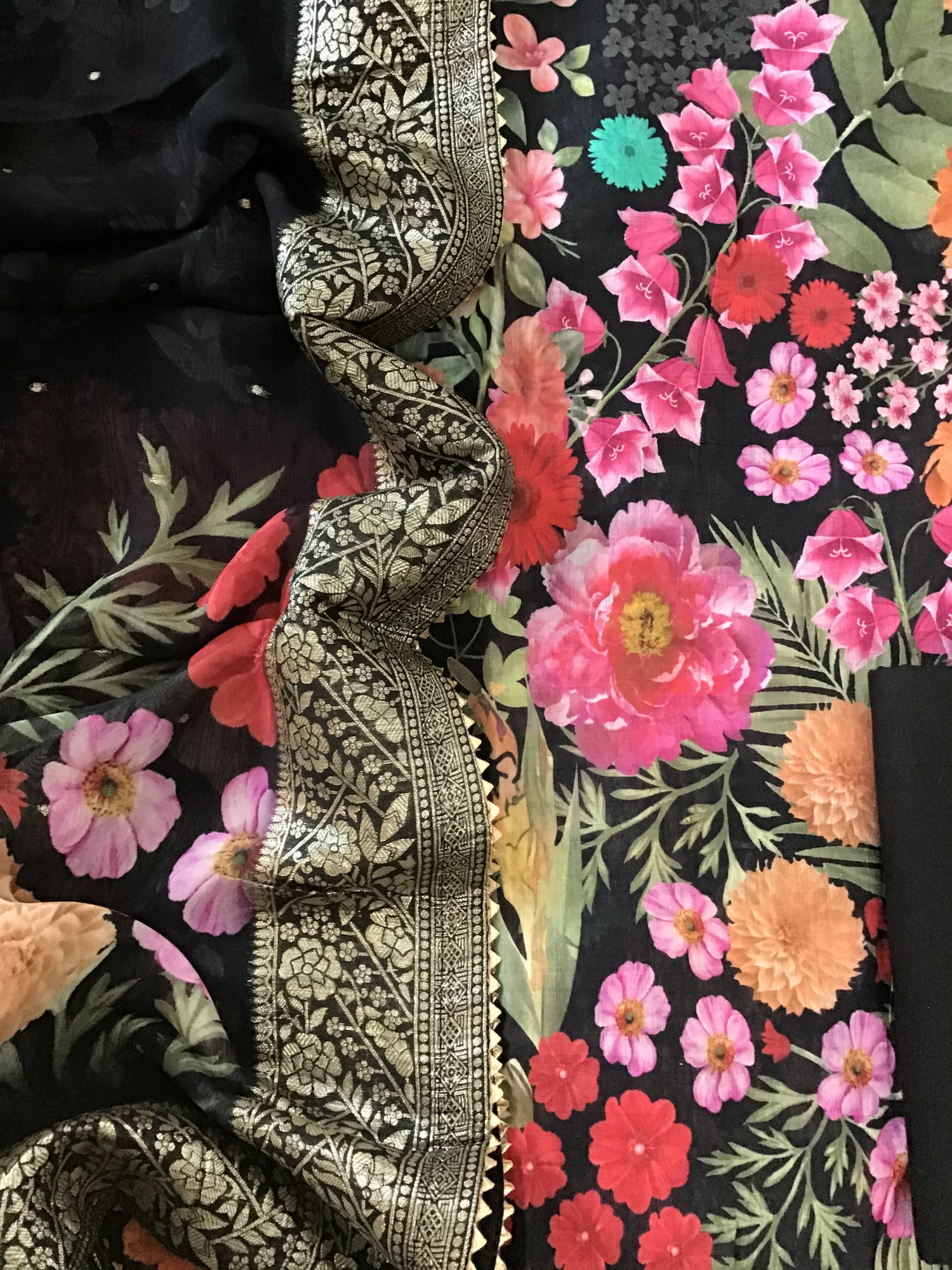 Pure Fine Linen Chanderi Printed Suit - Black