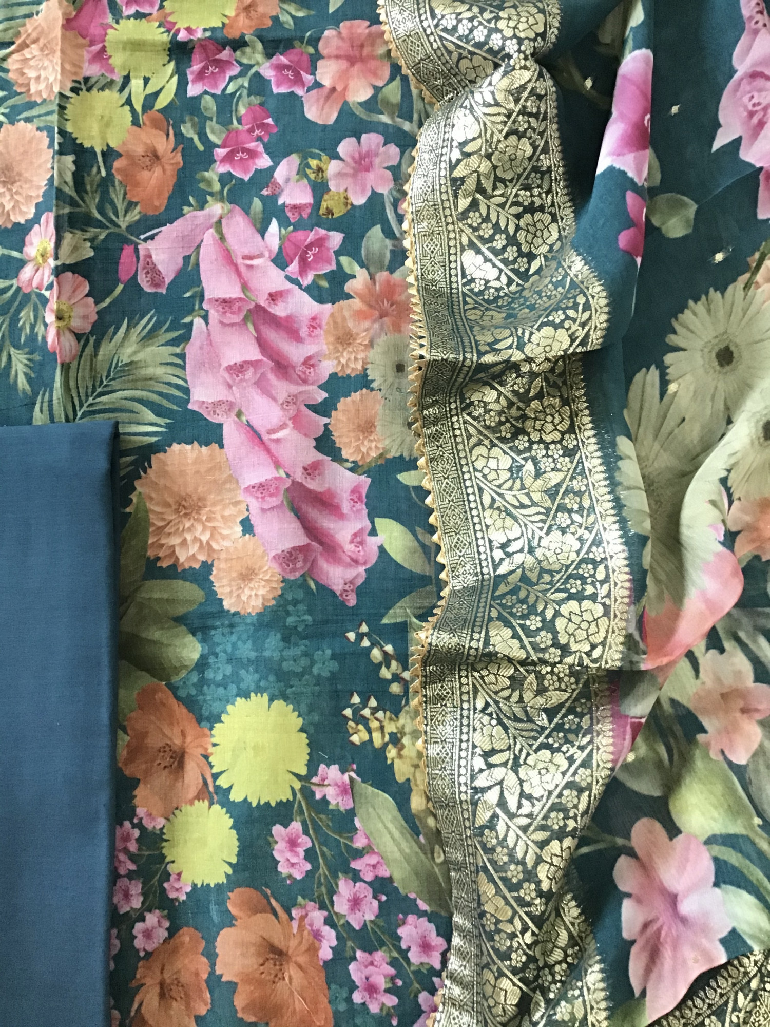 Pure Fine Linen Chanderi Printed Suit - Blue