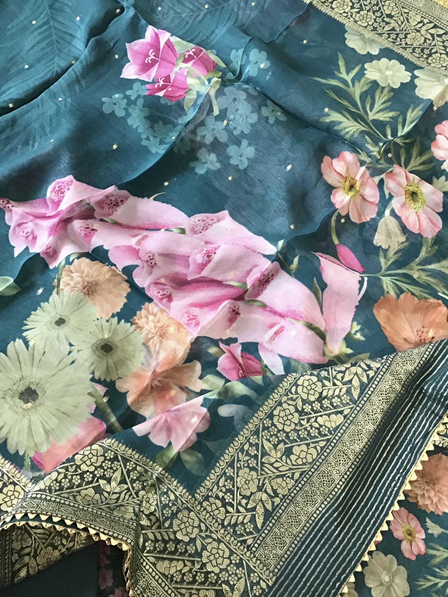 Pure Fine Linen Chanderi Printed Suit - Blue