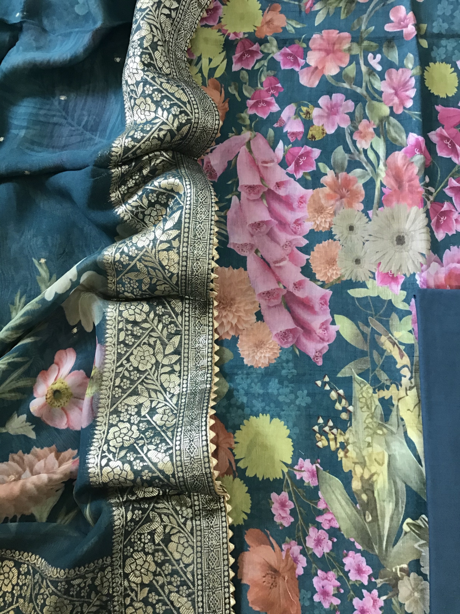 Pure Fine Linen Chanderi Printed Suit - Blue