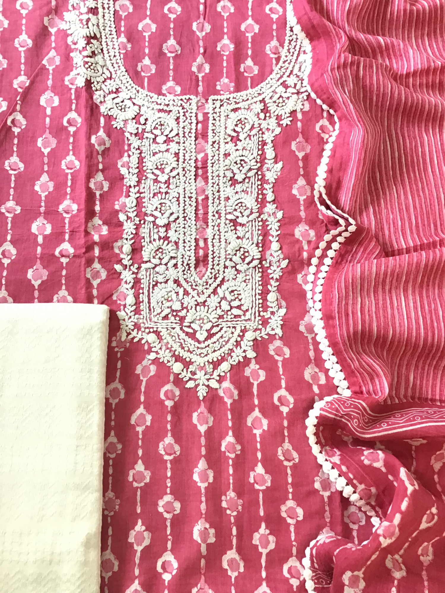 Pure Mul Cotton Batik Printed Embroidered Suit - Pink