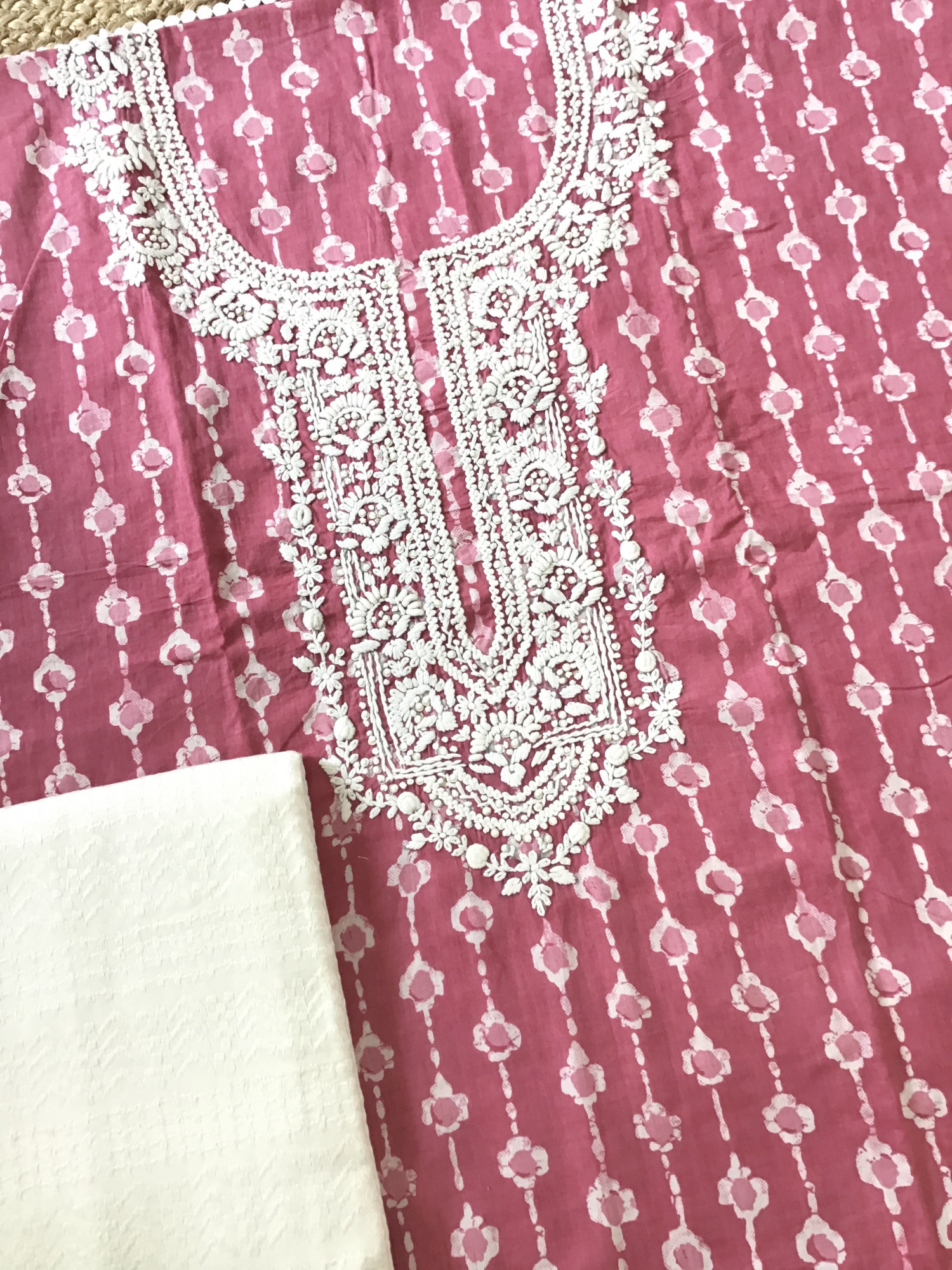 Pure Mul Cotton Batik Printed Embroidered Suit - Pink