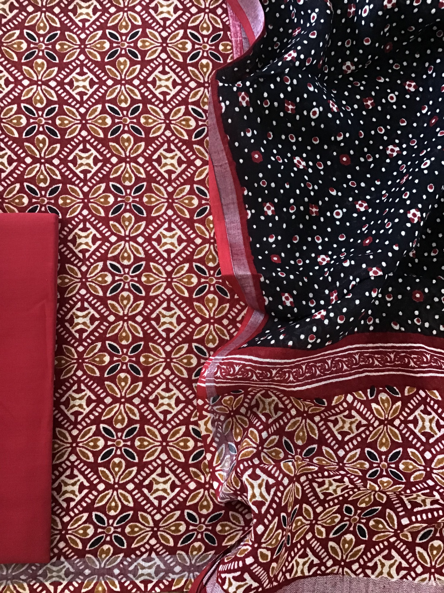 Pure Linen Jute Cotton Silk Printed Suit - Red