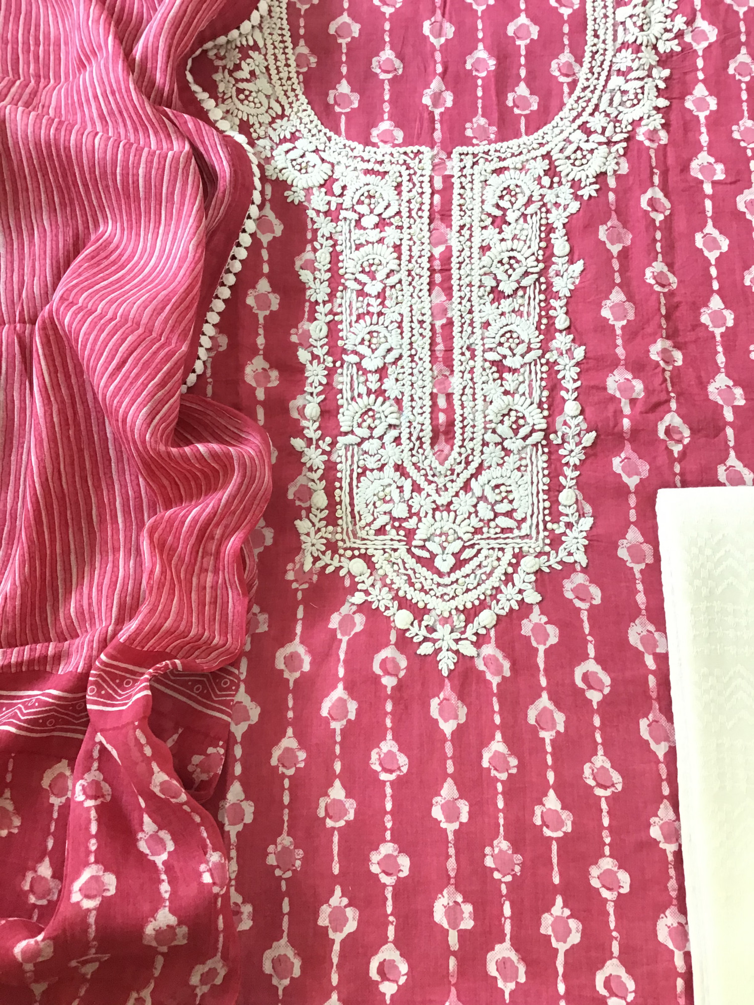 Pure Mul Cotton Batik Printed Embroidered Suit - Pink