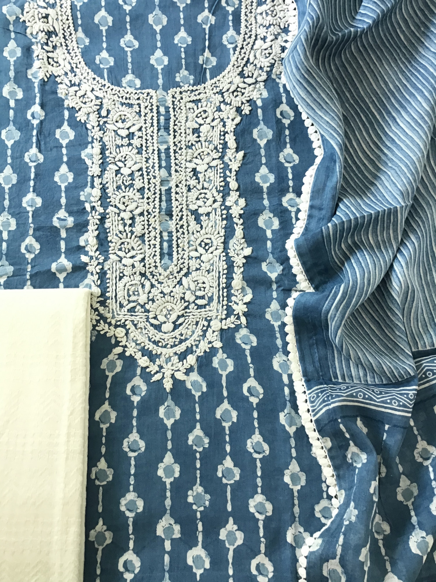 Pure Mul Cotton Batik Printed Embroidered Suit - Blue