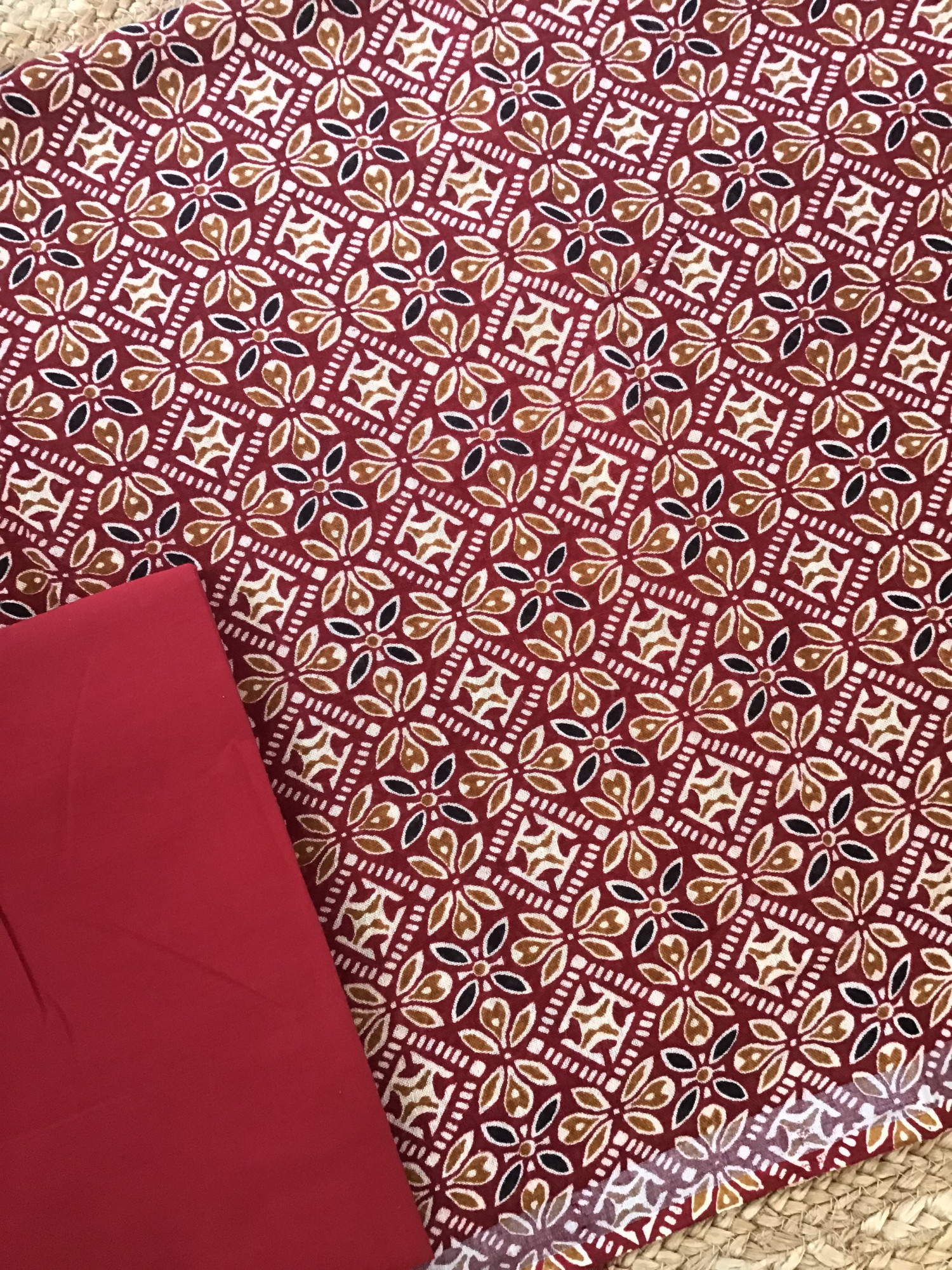 Pure Linen Jute Cotton Silk Printed Suit - Red