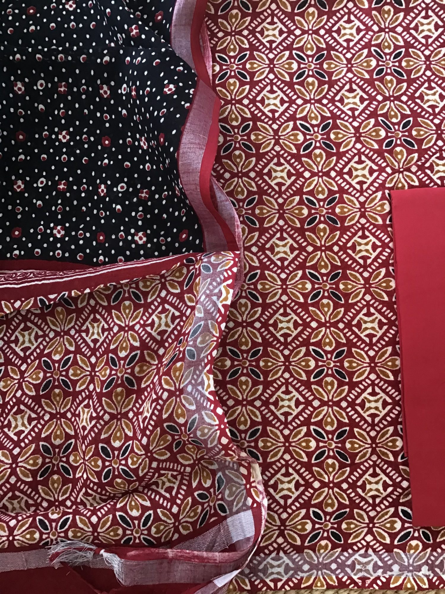 Pure Linen Jute Cotton Silk Printed Suit - Red