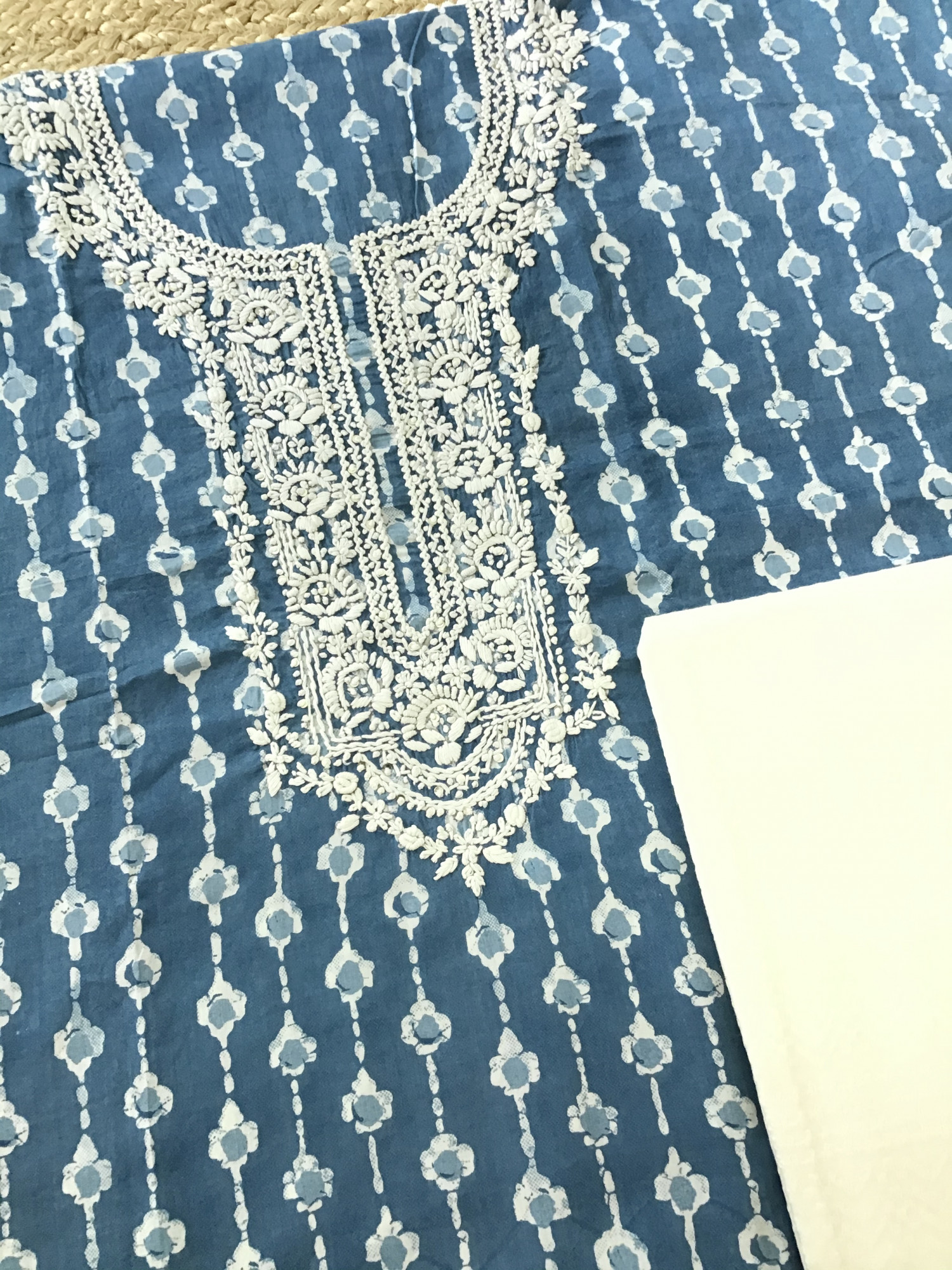 Pure Mul Cotton Batik Printed Embroidered Suit - Blue