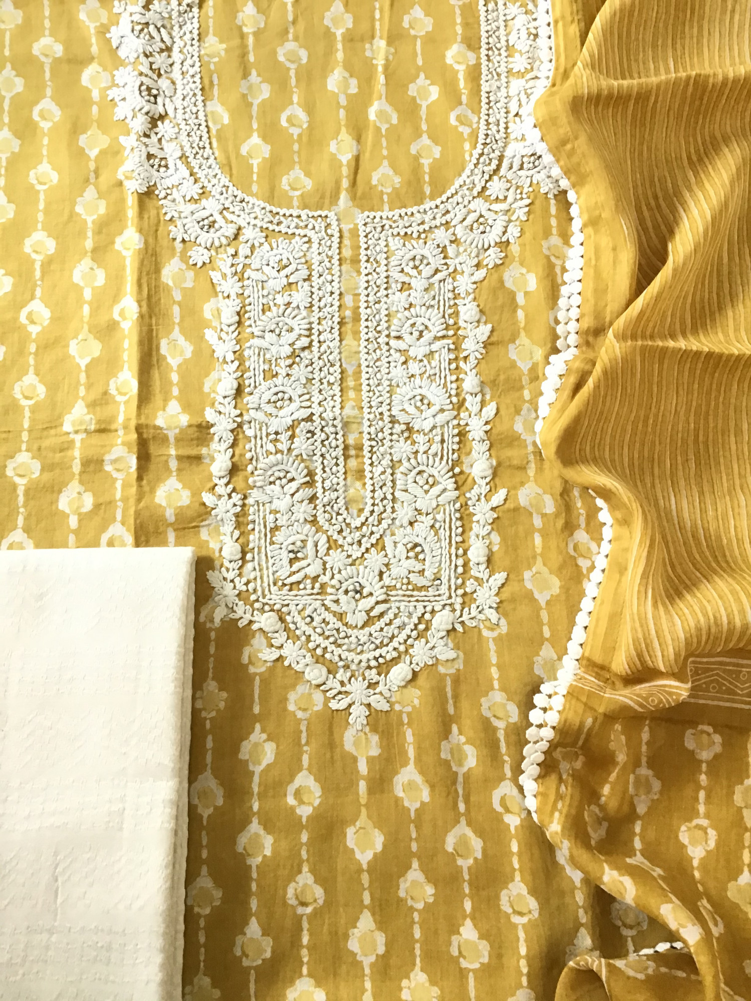 Pure Mul Cotton Batik Printed Embroidered Suit - Yellow