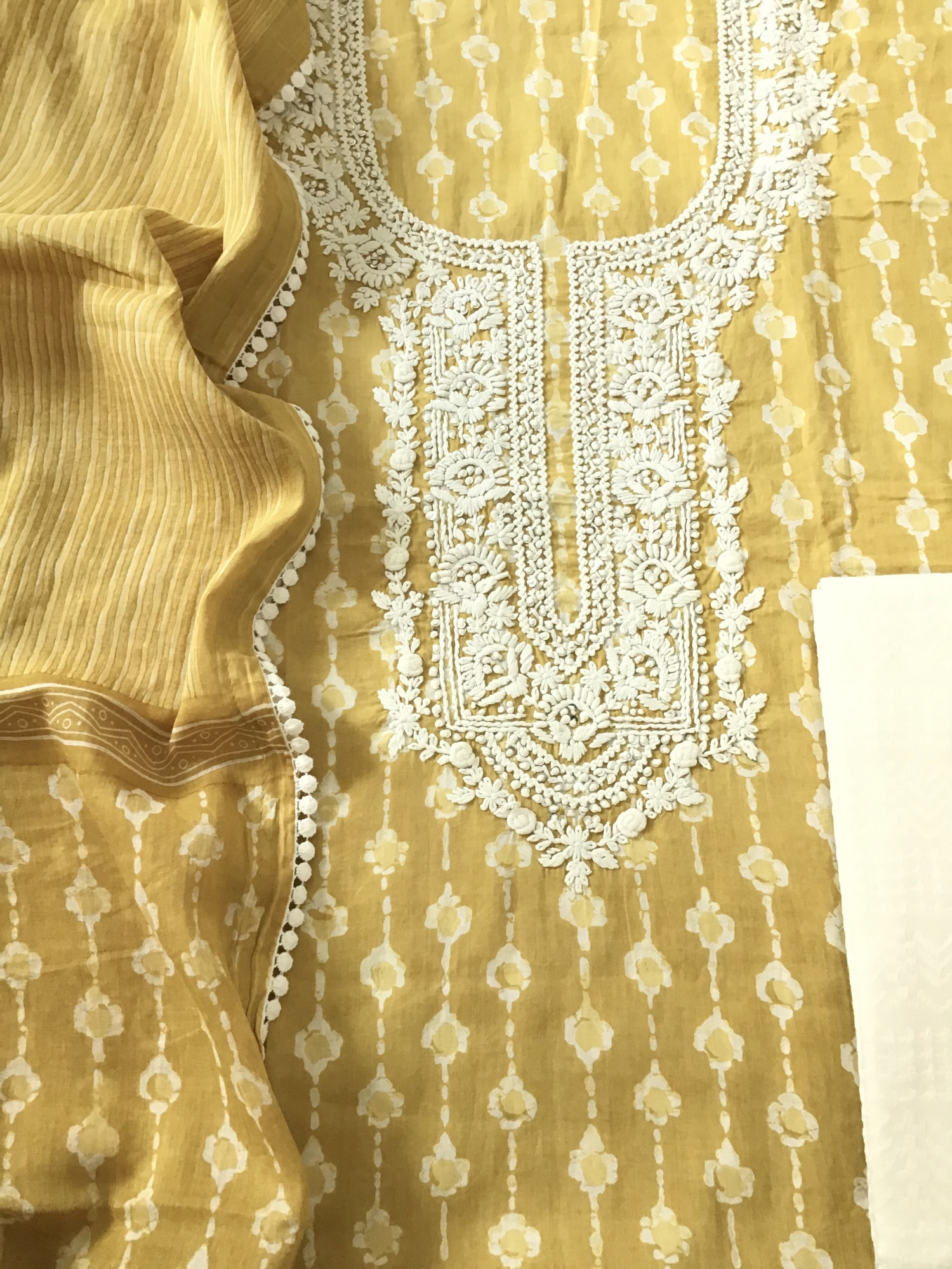 Pure Mul Cotton Batik Printed Embroidered Suit - Yellow