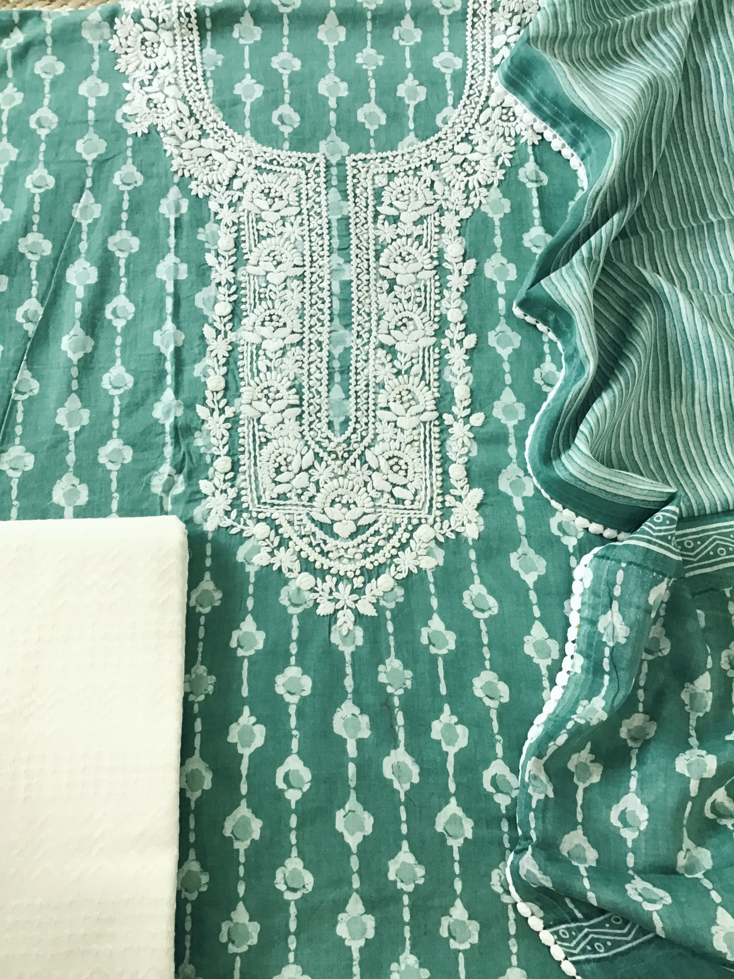 Pure Mul Cotton Batik Printed Embroidered Suit - Green