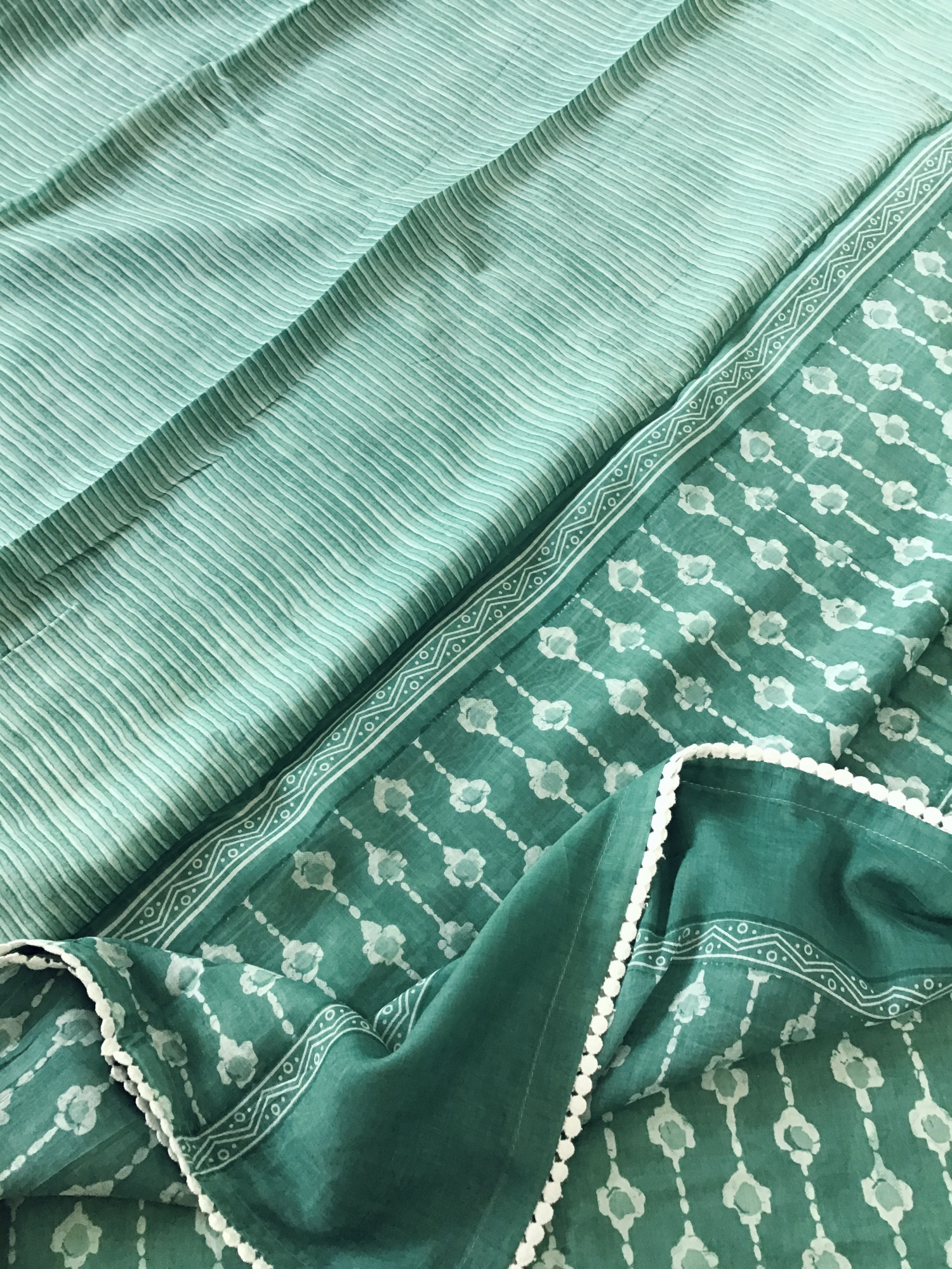 Pure Mul Cotton Batik Printed Embroidered Suit - Green