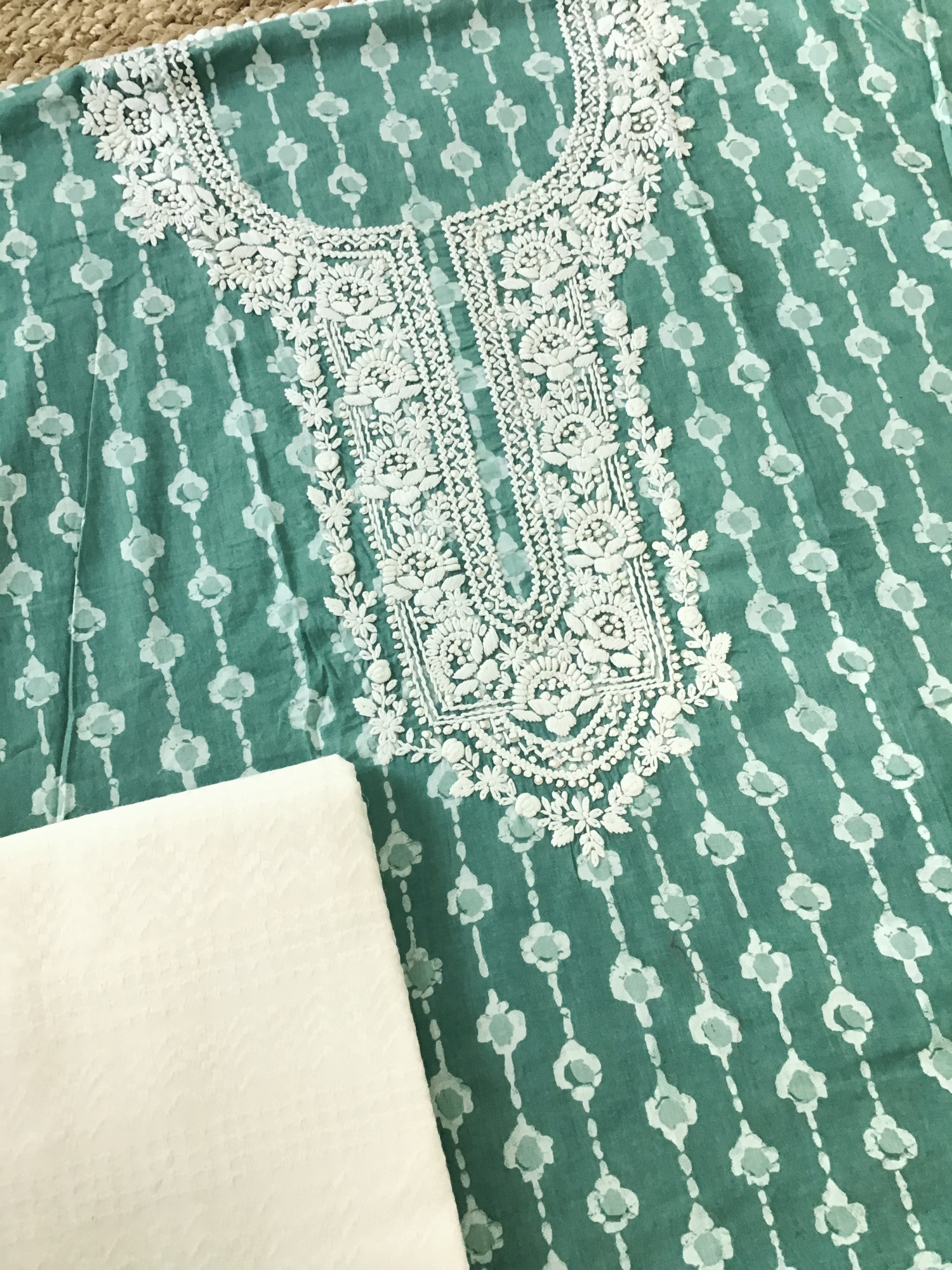 Pure Mul Cotton Batik Printed Embroidered Suit - Green