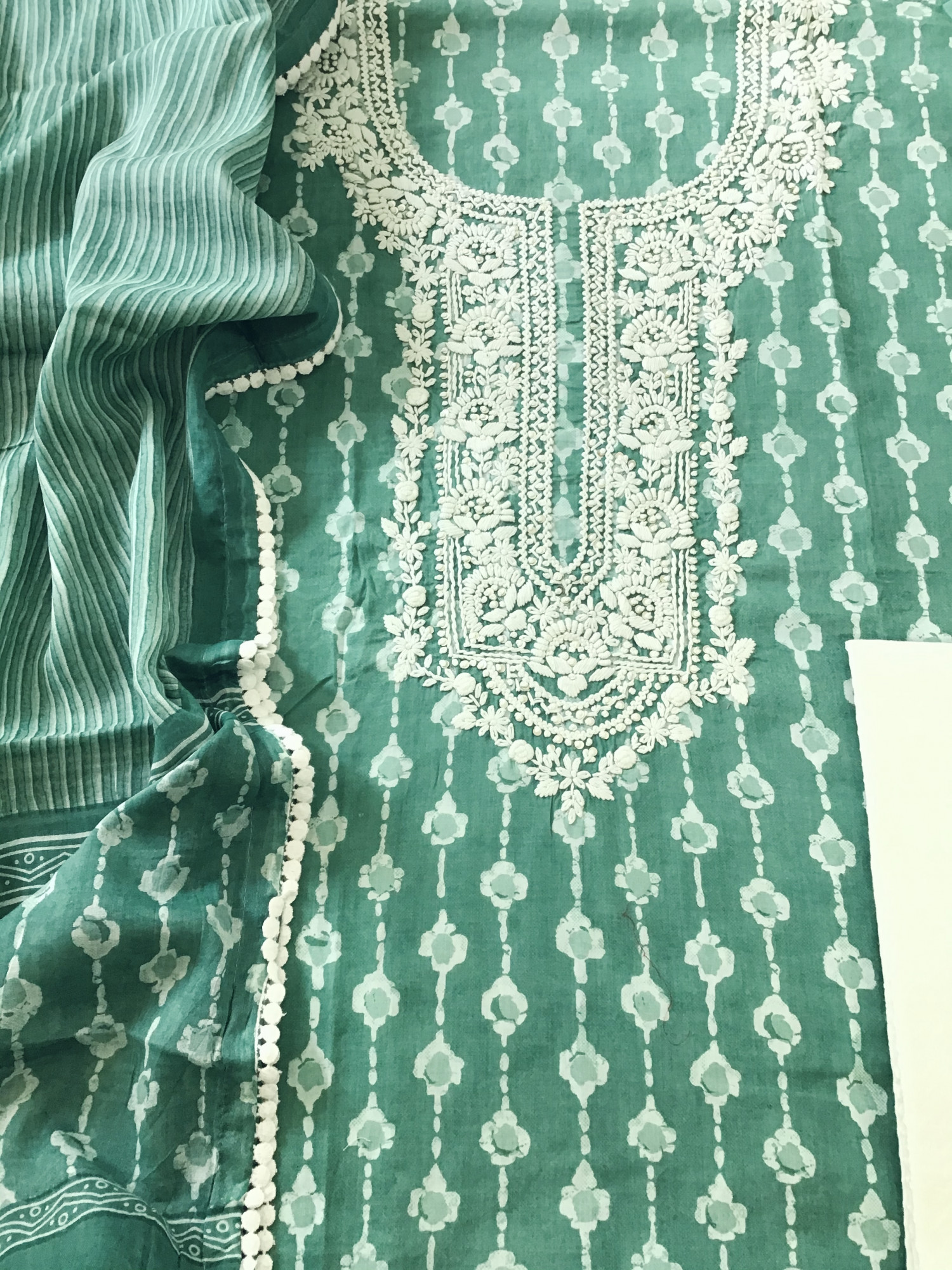 Pure Mul Cotton Batik Printed Embroidered Suit - Green