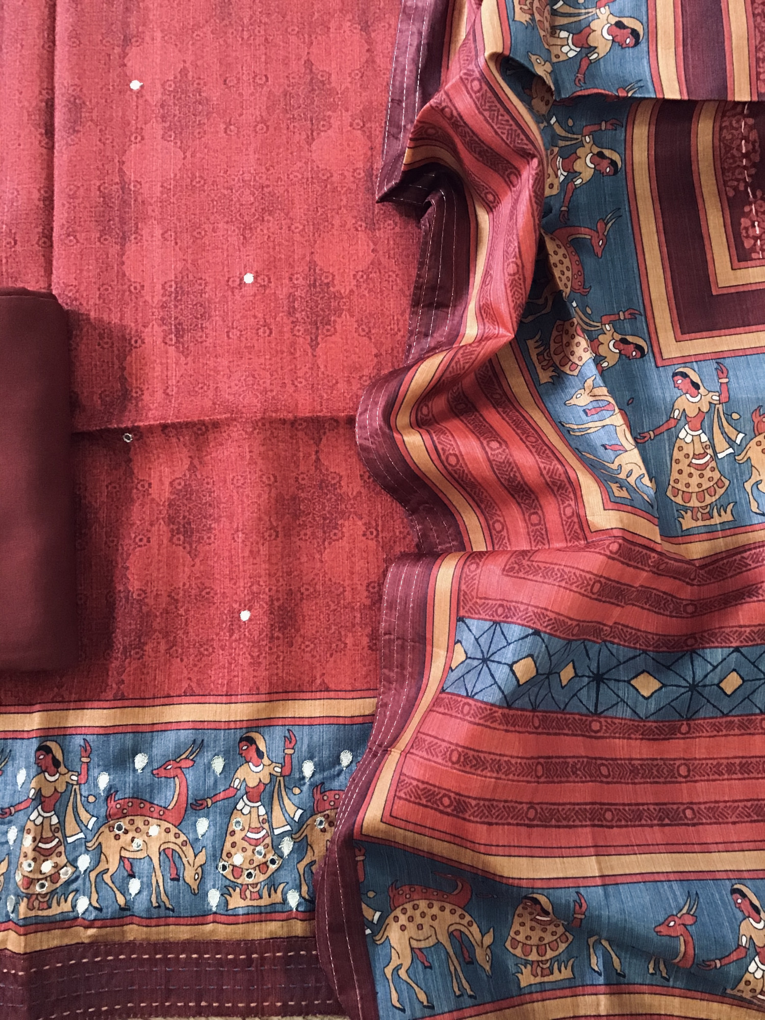 Soft Semi Tussar Printed Embroidered Suit - Red