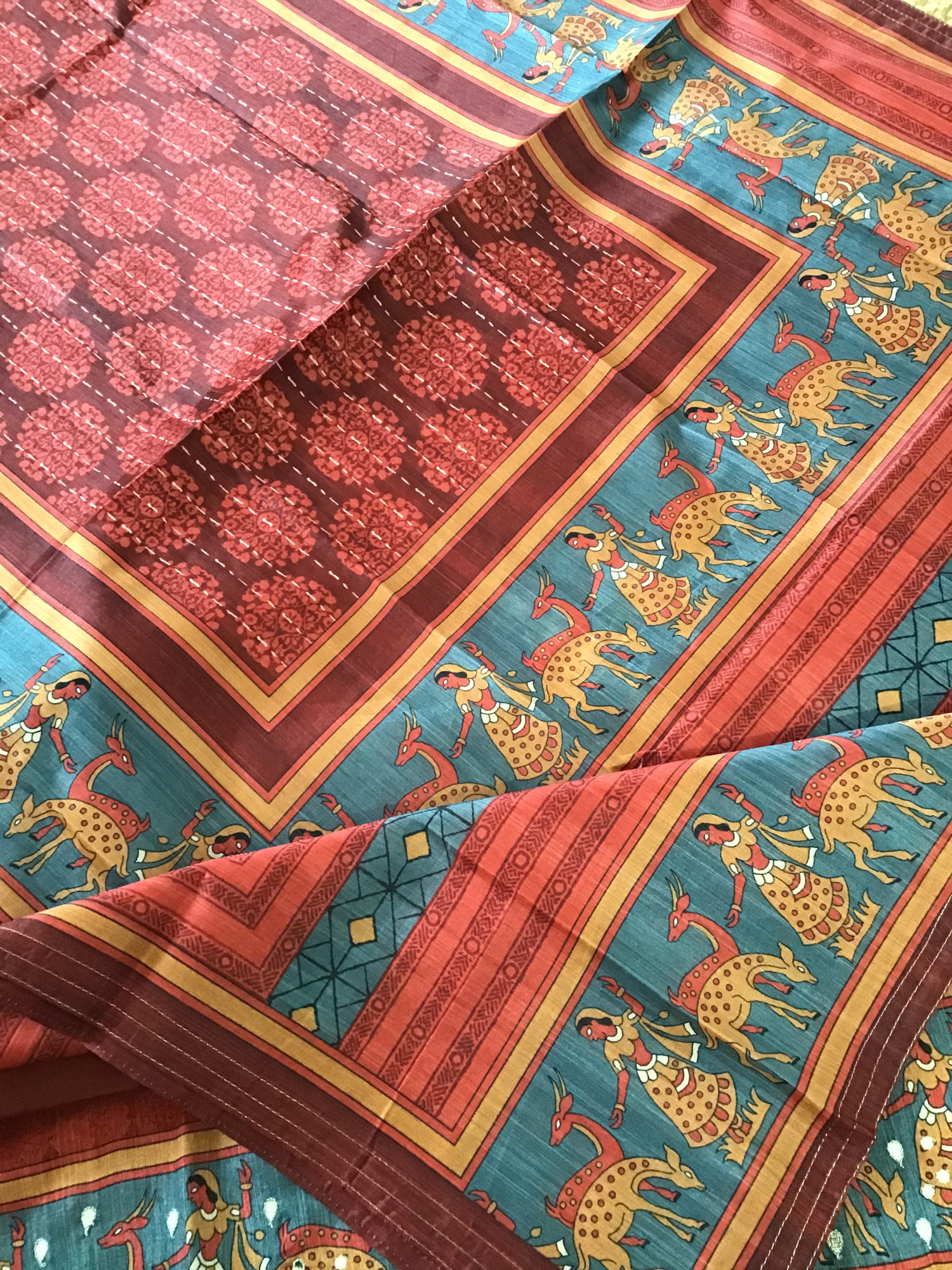 Soft Semi Tussar Printed Embroidered Suit - Red