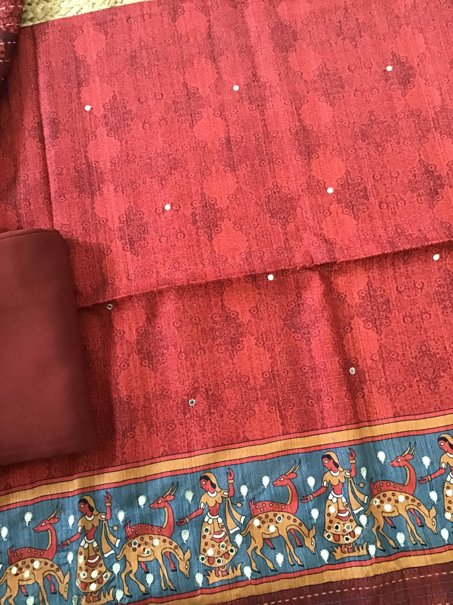 Soft Semi Tussar Printed Embroidered Suit - Red