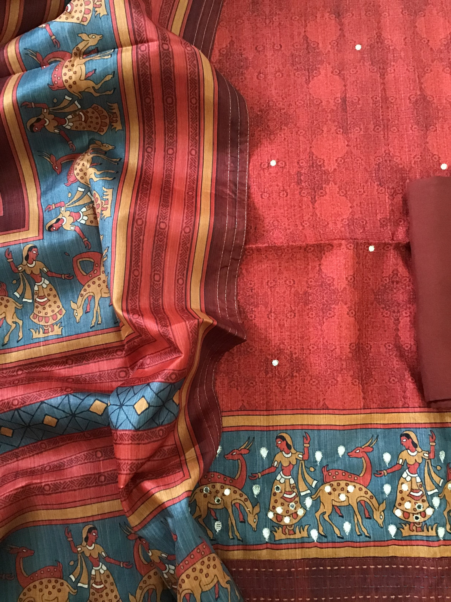 Soft Semi Tussar Printed Embroidered Suit - Red