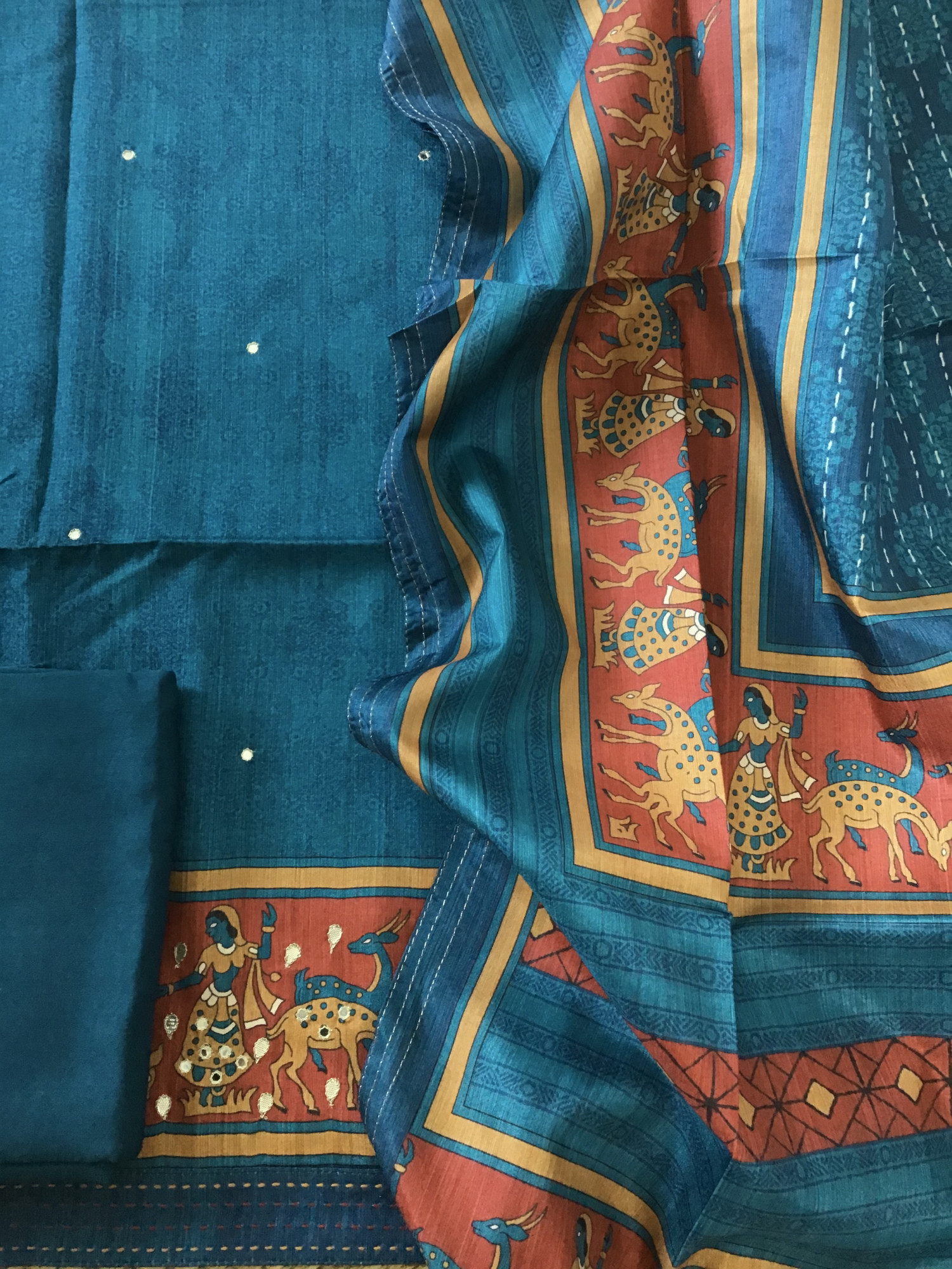 Soft Semi Tussar Printed Embroidered Suit - Blue