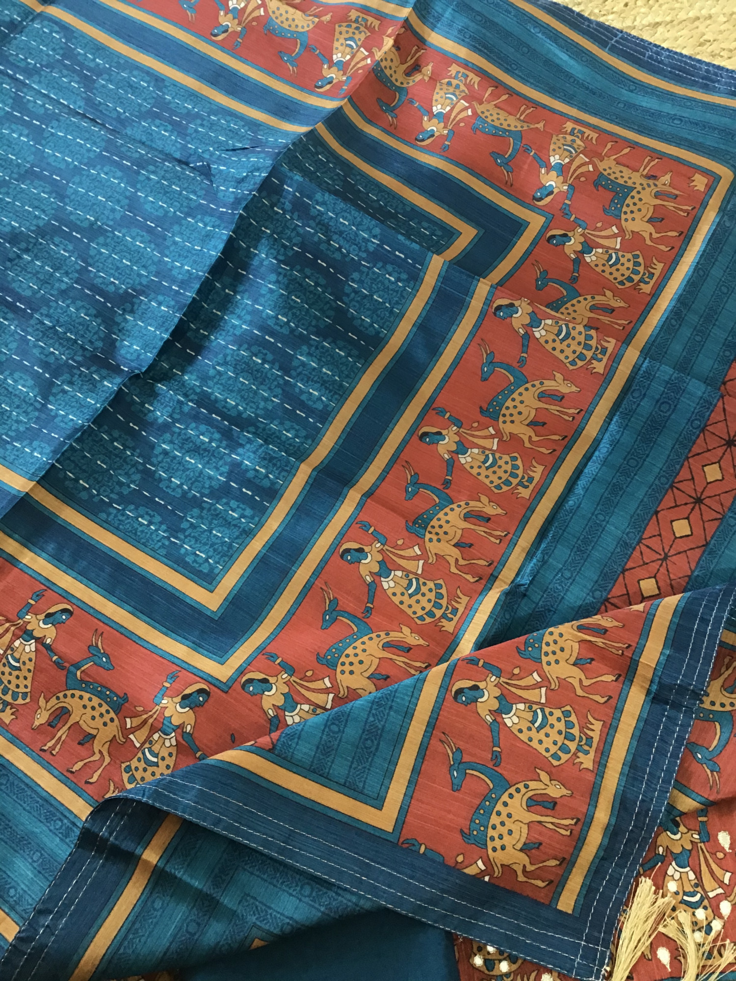 Soft Semi Tussar Printed Embroidered Suit - Blue