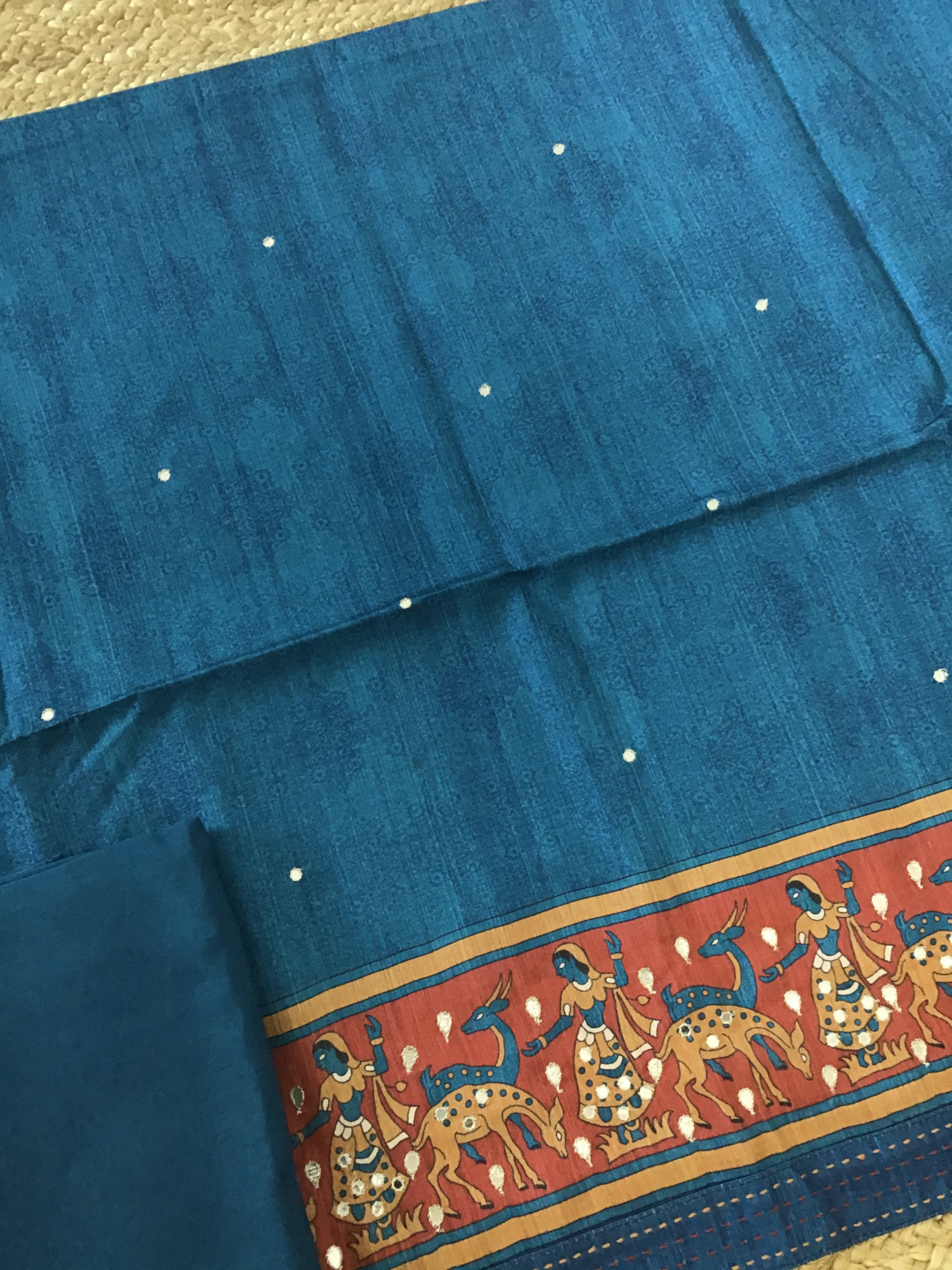 Soft Semi Tussar Printed Embroidered Suit - Blue